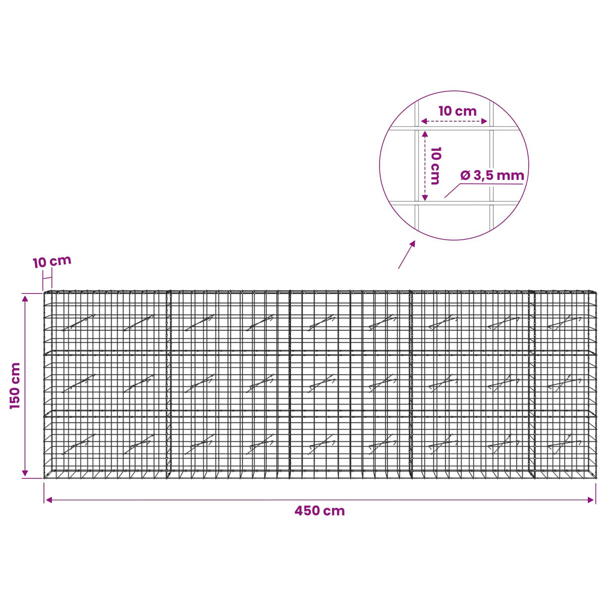 Gabionas su 3,5 mm viela ir 10x10 cm tinkleliu 450x10x150 cm