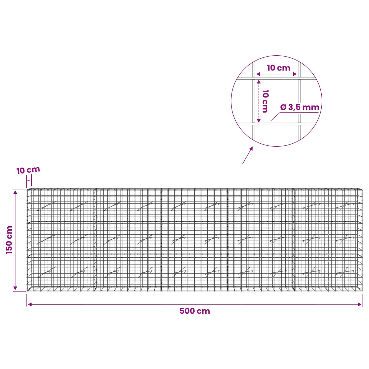 Gabionas su 3,5 mm viela ir 10x10 cm tinkleliu 500x10x150 cm
