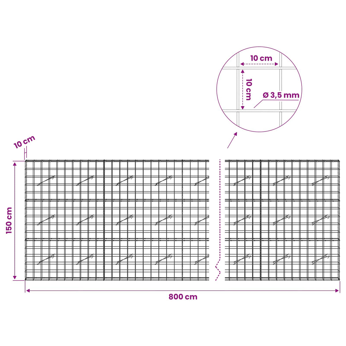 Gabionas su 3,5 mm viela ir 10x10 cm tinkleliu 800x10x150 cm