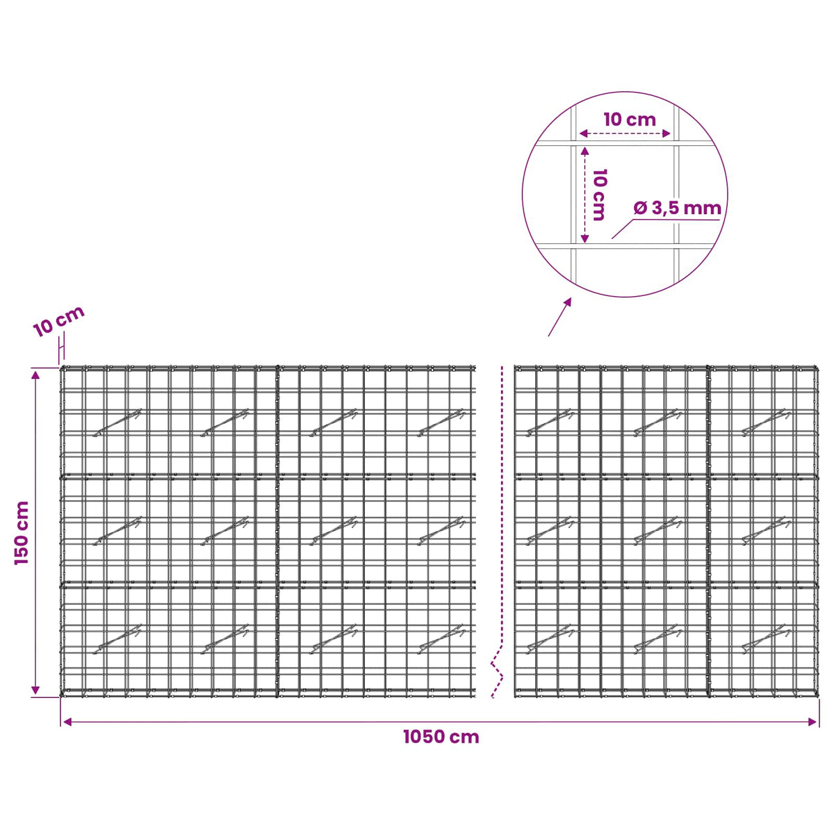 Gabionas su 3,5 mm viela ir 10x10 cm tinkleliu 1050x10x150 cm