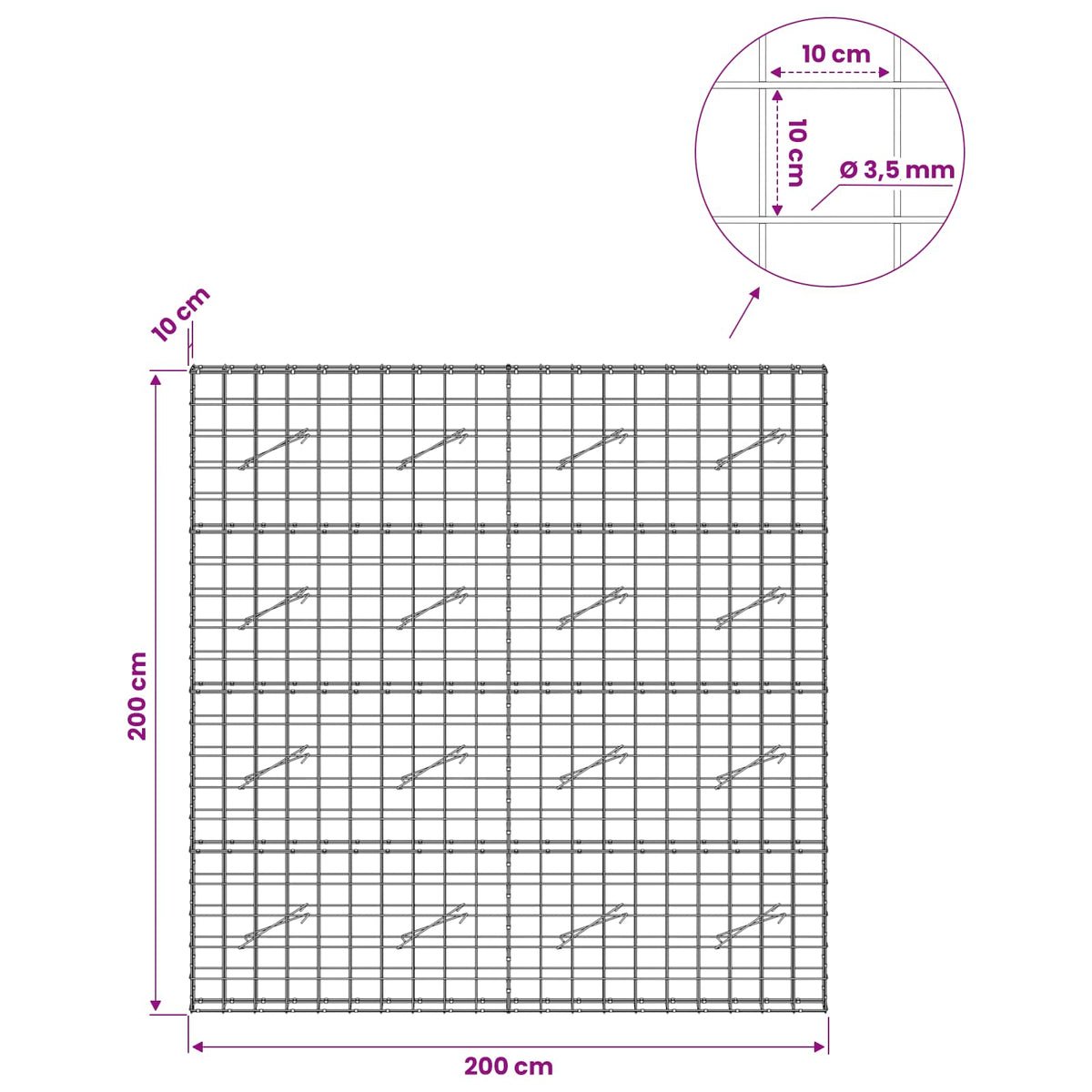 Gabionas su 3,5 mm viela ir 10x10 cm tinkleliu 200x10x200 cm