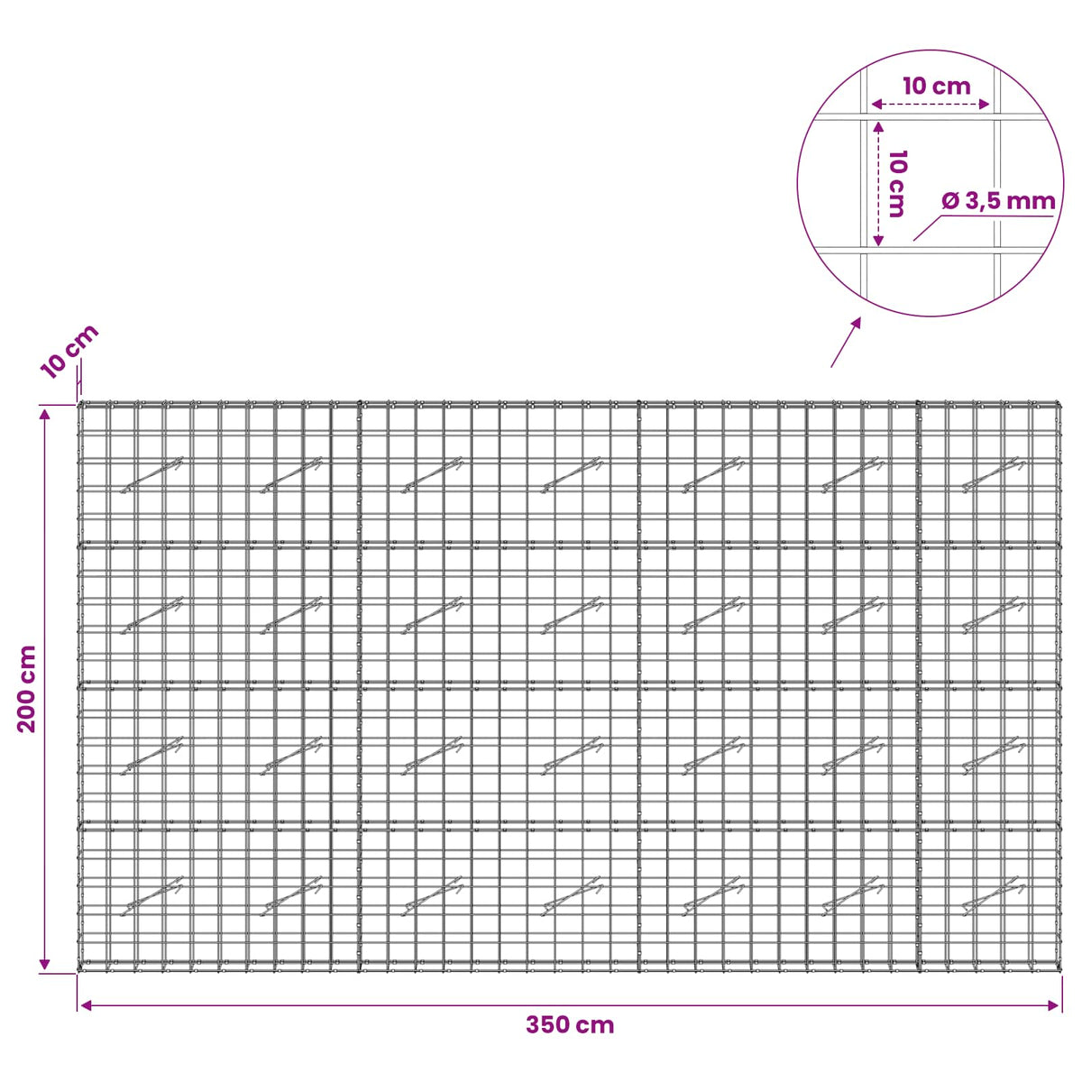 Gabionas su 3,5 mm viela ir 10x10 cm tinkleliu 350x10x200 cm