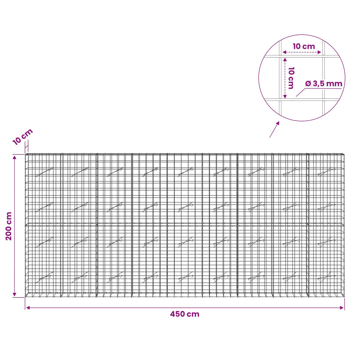 Gabionas su 3,5 mm viela ir 10x10 cm tinkleliu 450x10x200 cm