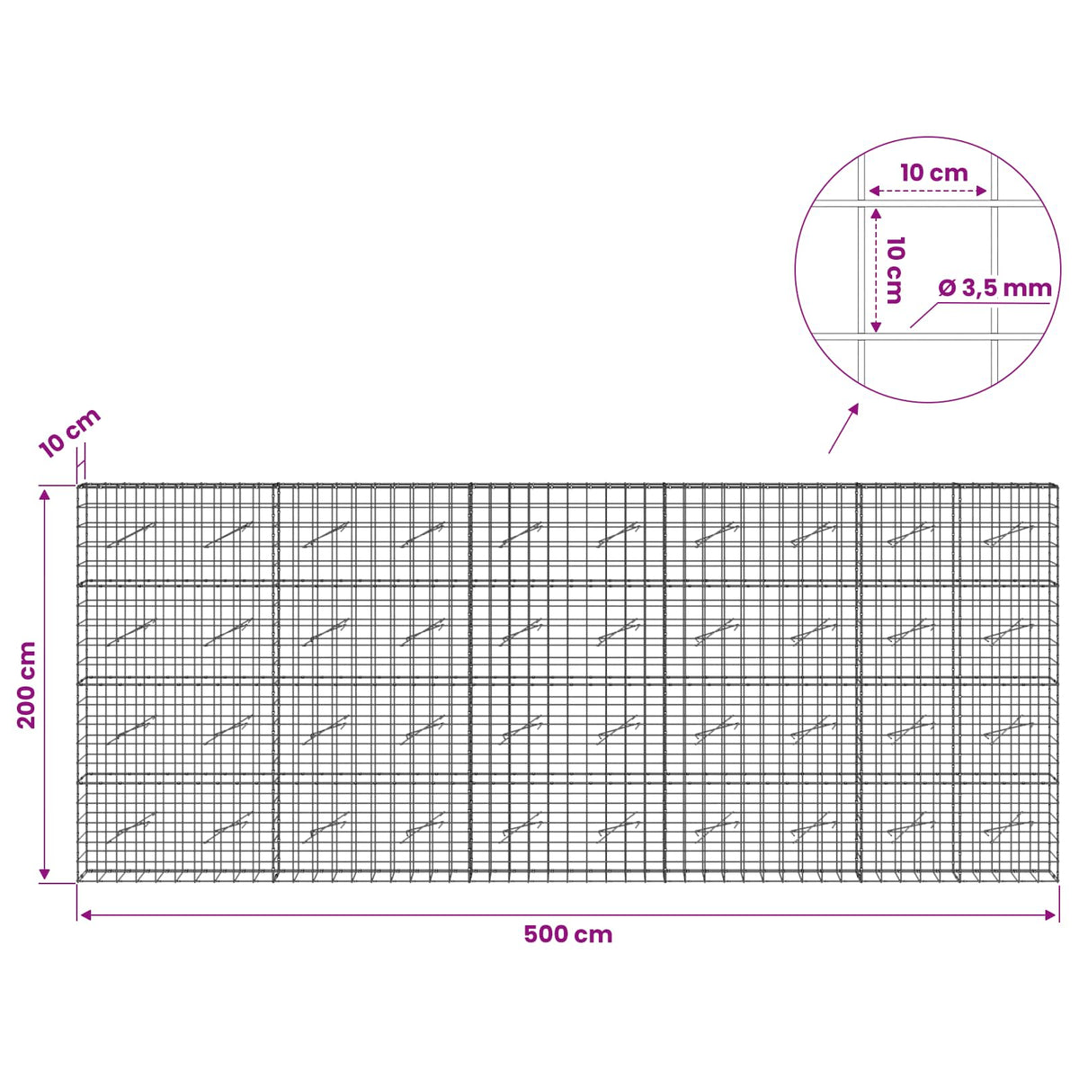 Gabionas su 3,5 mm viela ir 10x10 cm tinkleliu 500x10x200 cm
