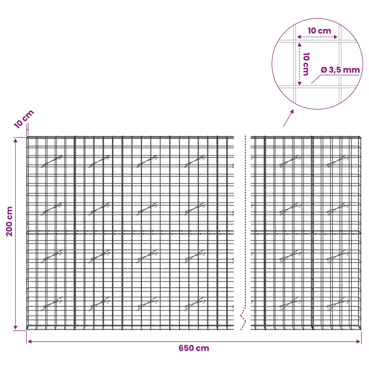 Gabionas su 3,5 mm viela ir 10x10 cm tinkleliu 650x10x200 cm