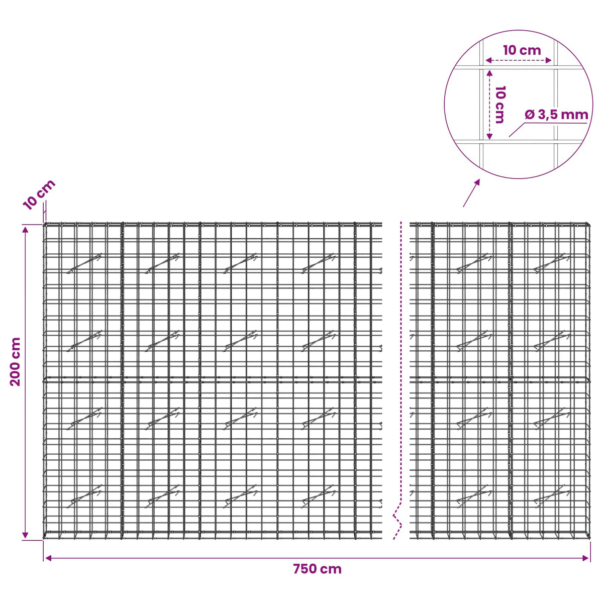 Gabionas su 3,5 mm viela ir 10x10 cm tinkleliu 750x10x200 cm