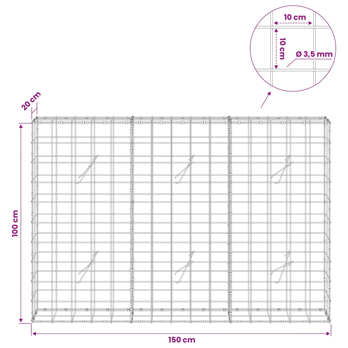 Gabionas su 3,5 mm viela ir 10x10 cm tinkleliu 150x20x100 cm