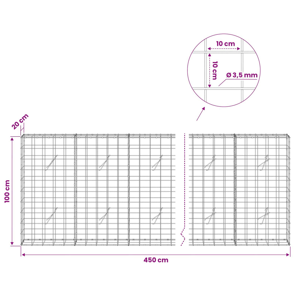 Gabionas su 3,5 mm viela ir 10x10 cm tinkleliu 450x20x100 cm