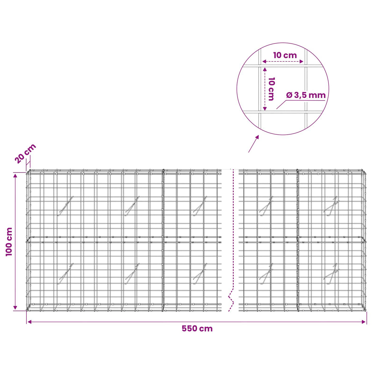 Gabionas su 3,5 mm viela ir 10x10 cm tinkleliu 550x20x100 cm