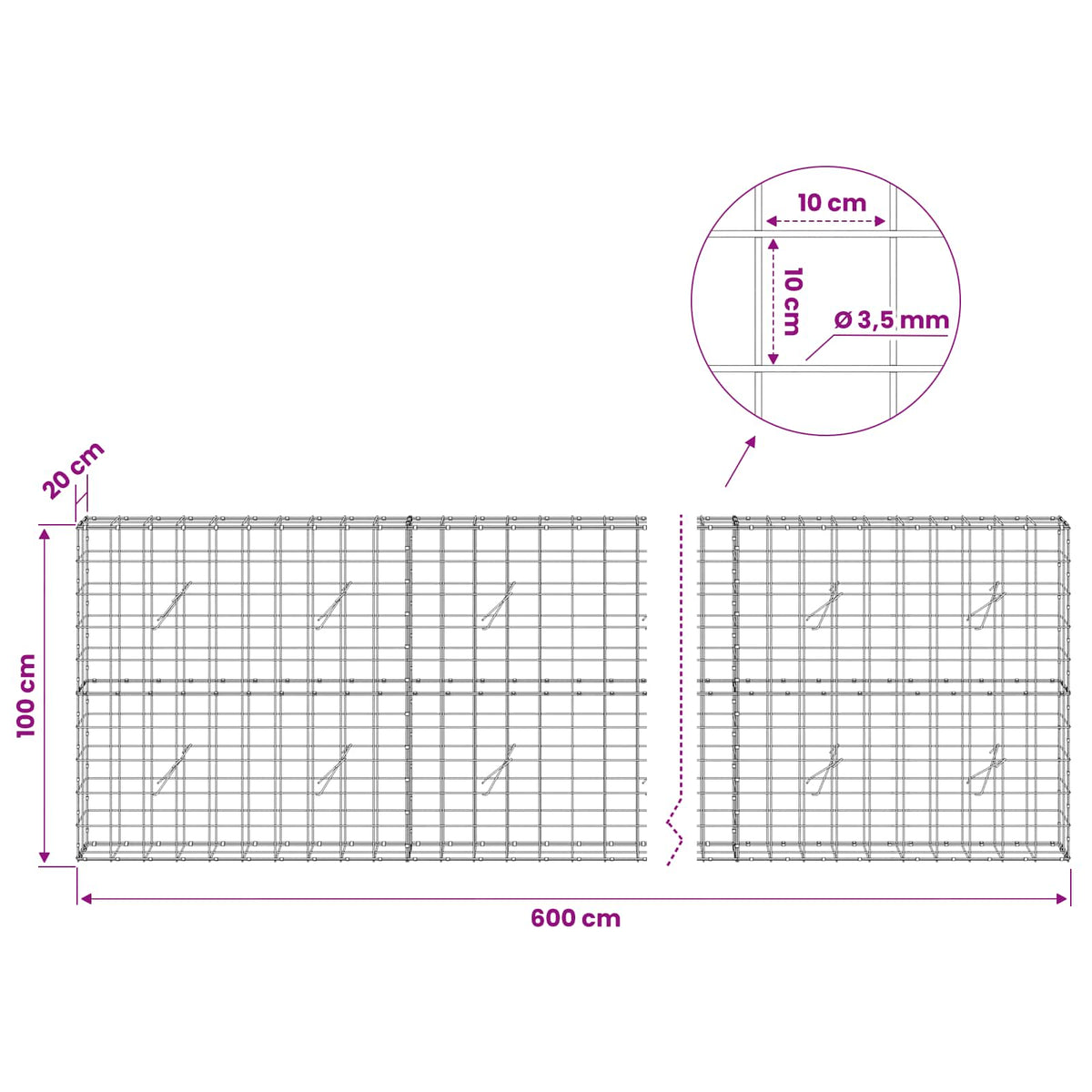 Gabionas su 3,5 mm viela ir 10x10 cm tinkleliu 600x20x100 cm