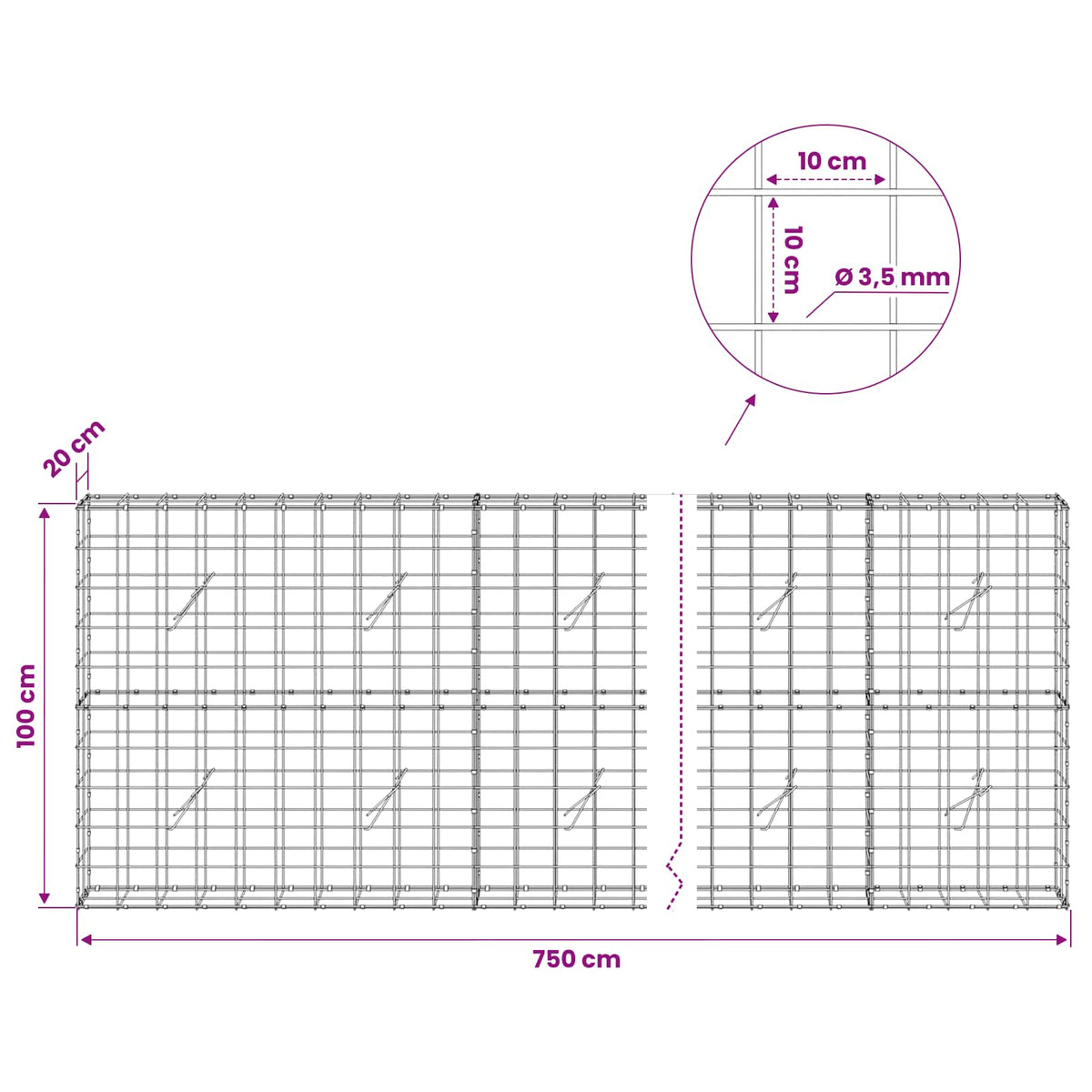 Gabionas su 3,5 mm viela ir 10x10 cm tinkleliu 750x20x100 cm