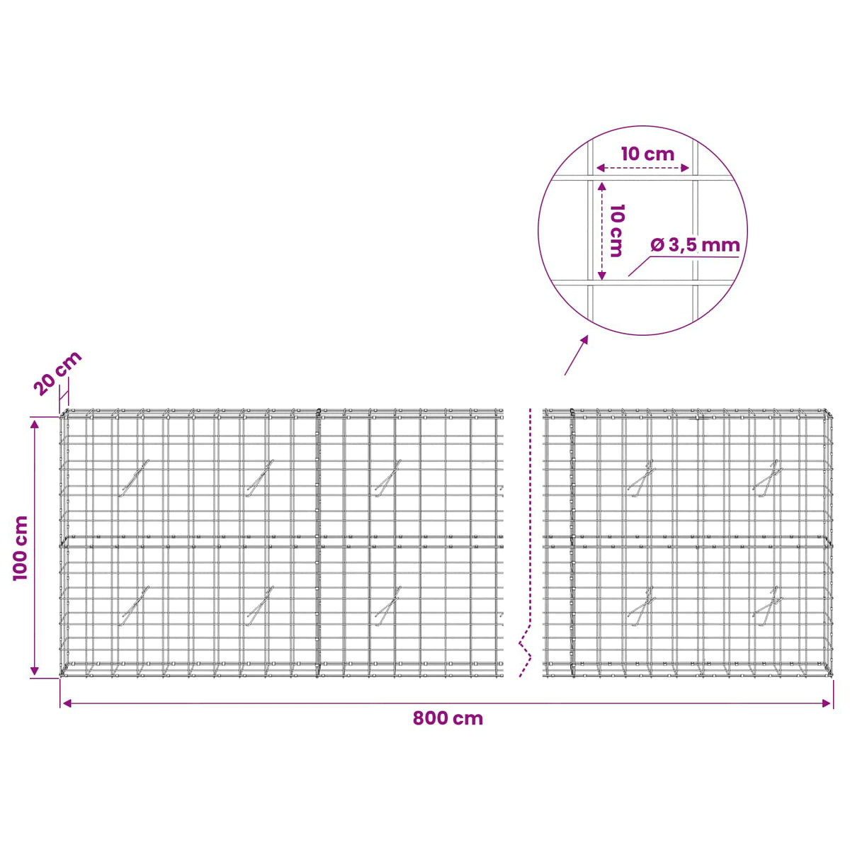 Gabionas su 3,5 mm viela ir 10x10 cm tinkleliu 800x20x100 cm