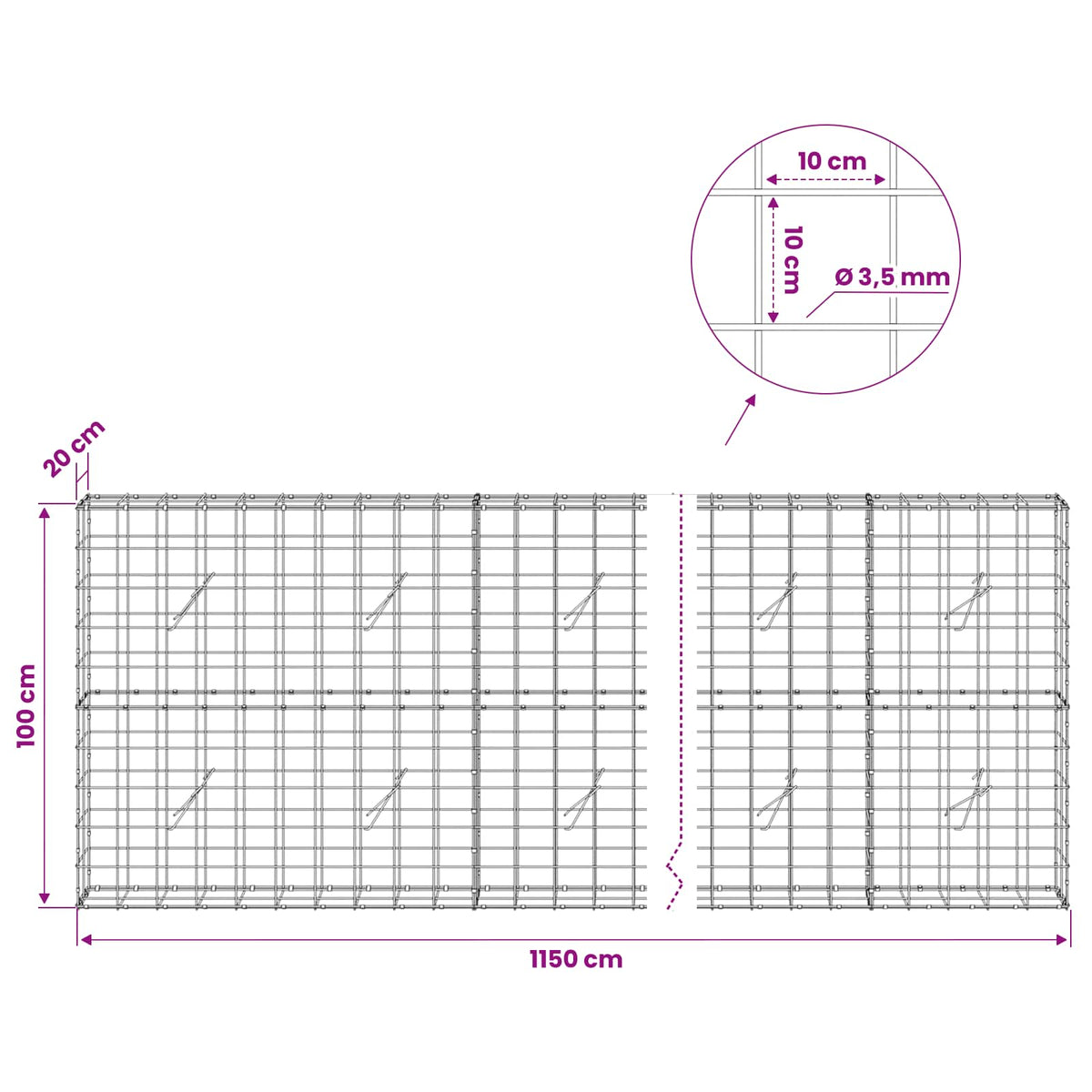 Gabionas su 3,5 mm viela ir 10x10 cm tinkleliu 1150x20x100 cm