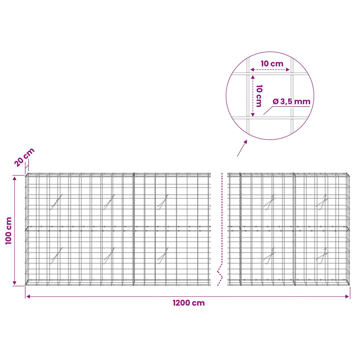 Gabionas su 3,5 mm viela ir 10x10 cm tinkleliu 1200x20x100 cm