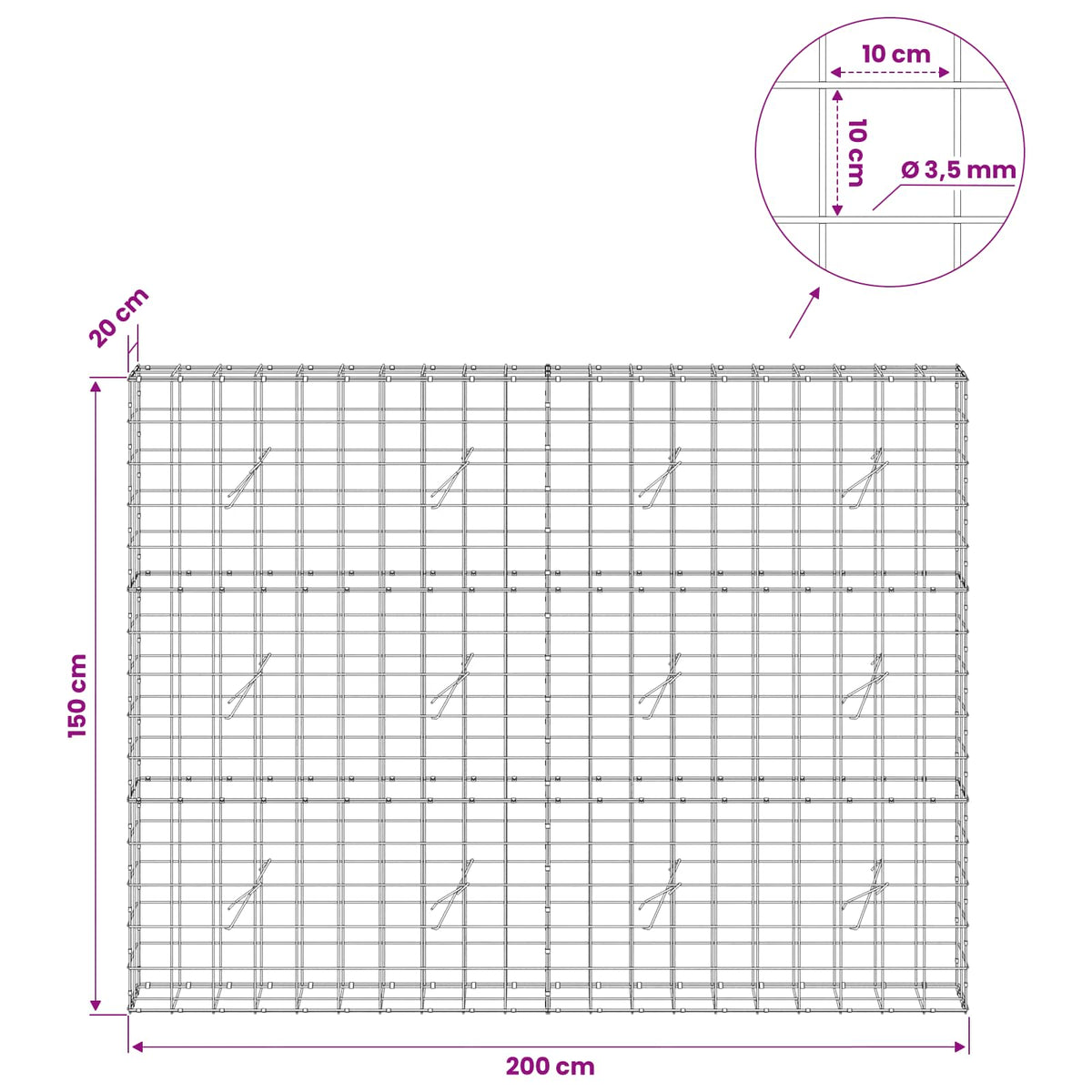 Gabionas su 3,5 mm viela ir 10x10 cm tinkleliu 200x20x150 cm