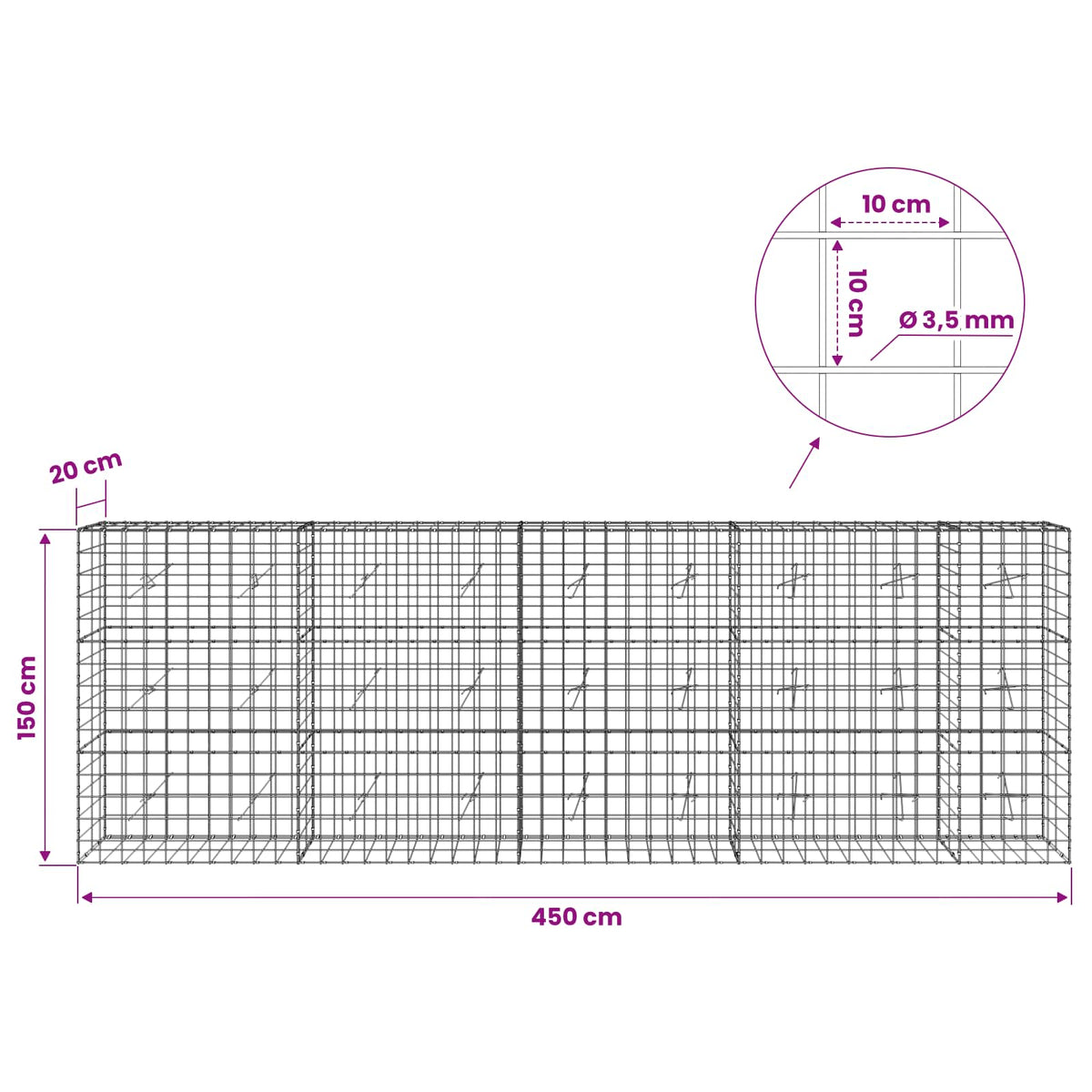 Gabionas su 3,5 mm viela ir 10x10 cm tinkleliu 450x20x150 cm