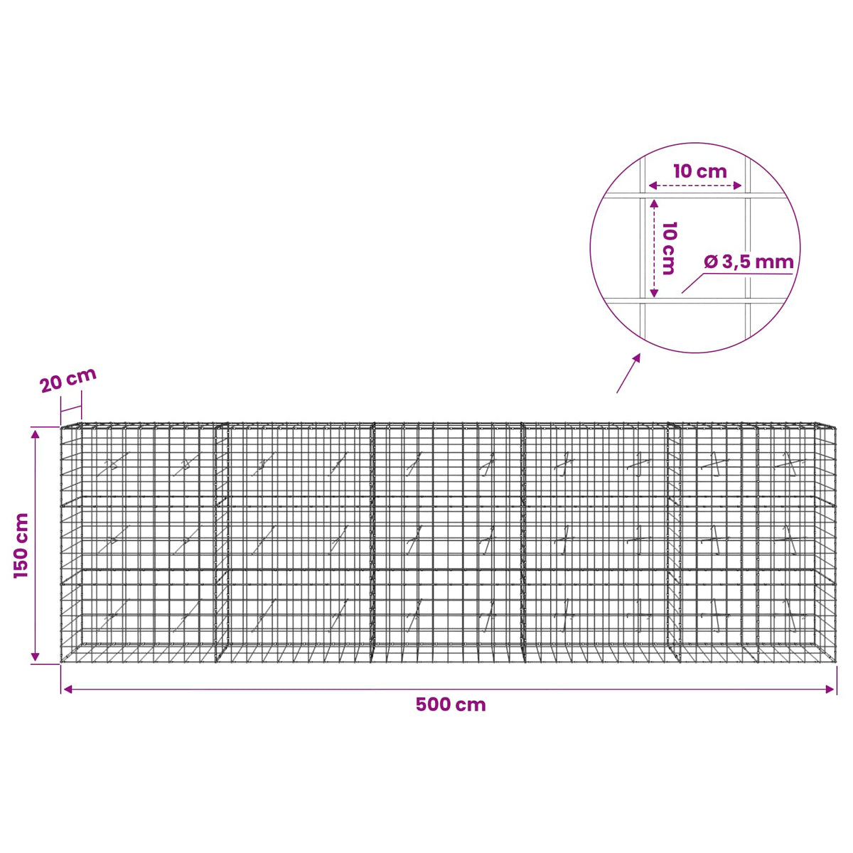 Gabionas su 3,5 mm viela ir 10x10 cm tinkleliu 500x20x150 cm