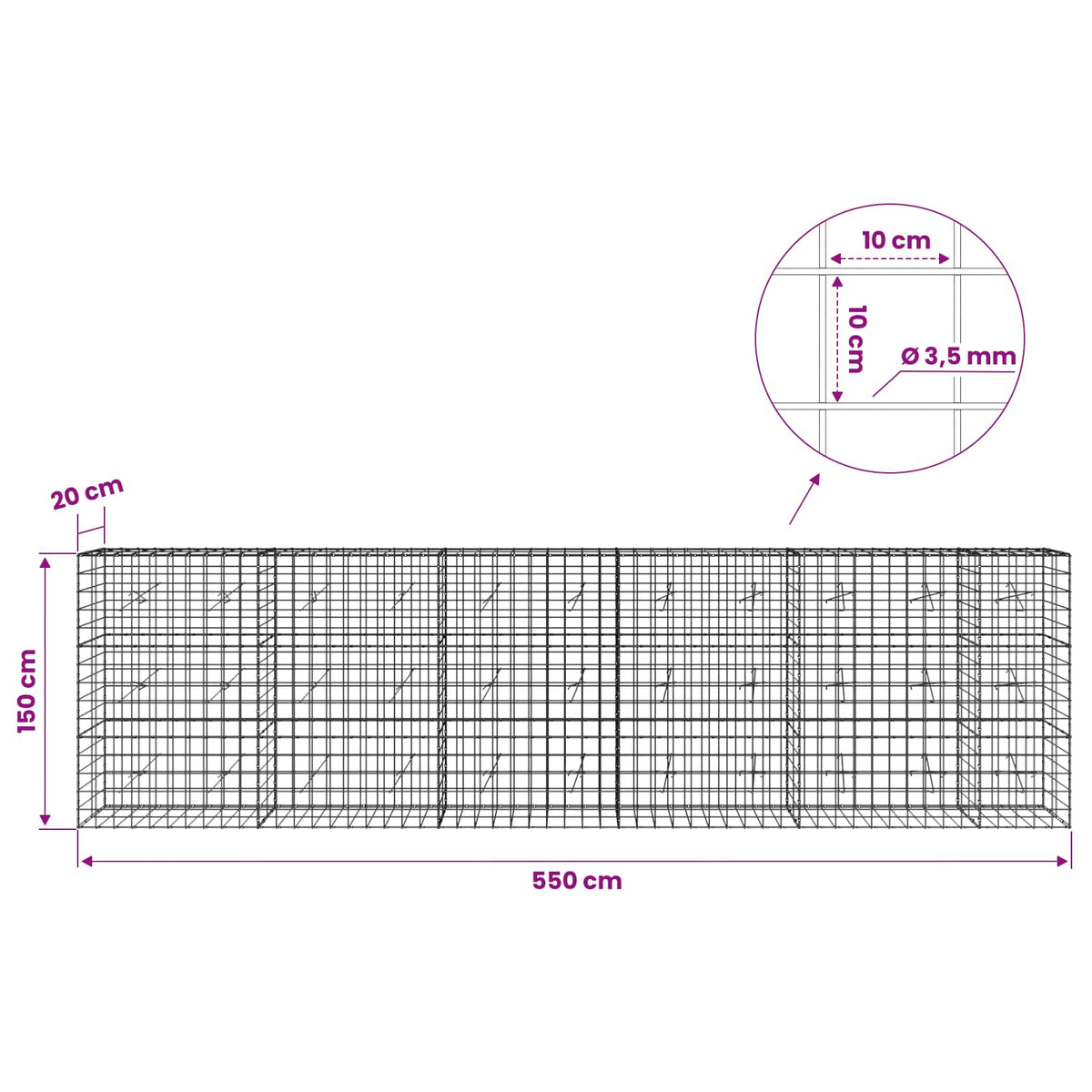 Gabionas su 3,5 mm viela ir 10x10 cm tinkleliu 550x20x150 cm