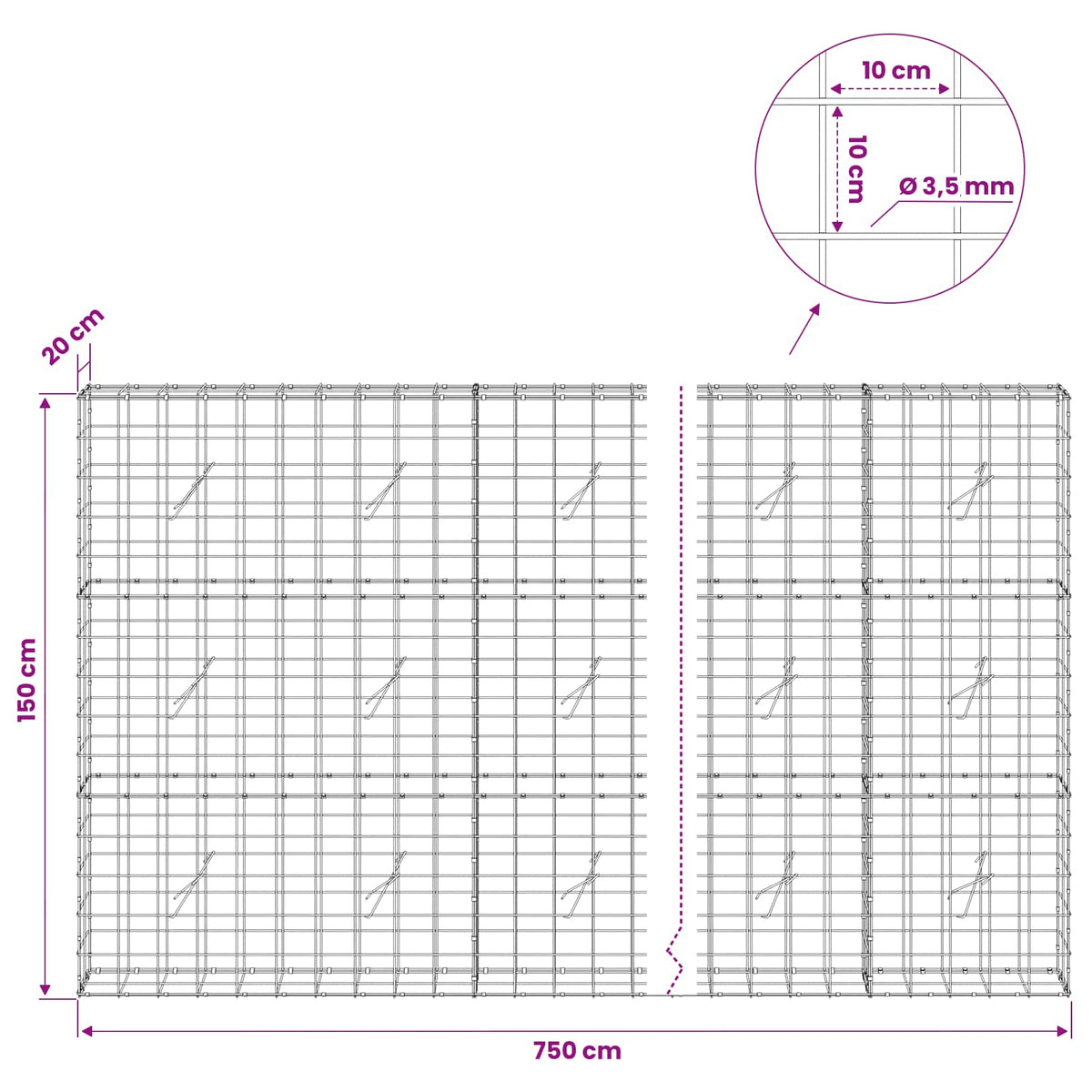 Gabionas su 3,5 mm viela ir 10x10 cm tinkleliu 750x20x150 cm