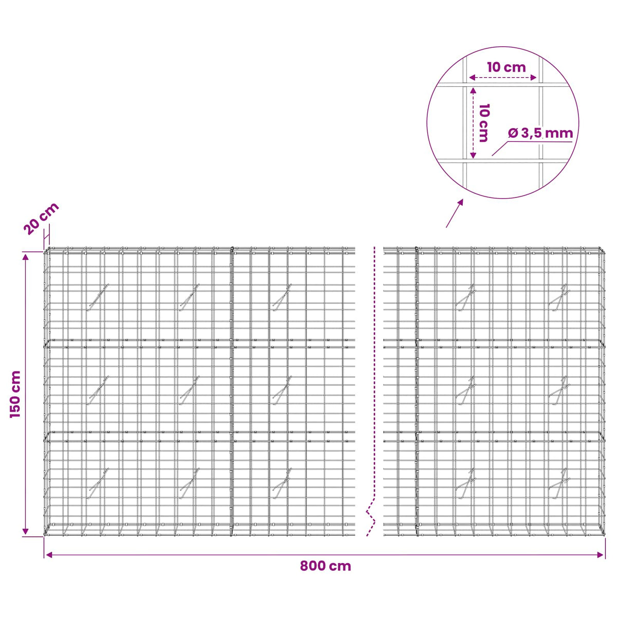Gabionas su 3,5 mm viela ir 10x10 cm tinkleliu 800x20x150 cm