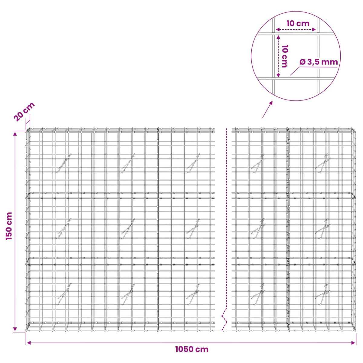 Gabionas su 3,5 mm viela ir 10x10 cm tinkleliu 1050x20x150 cm