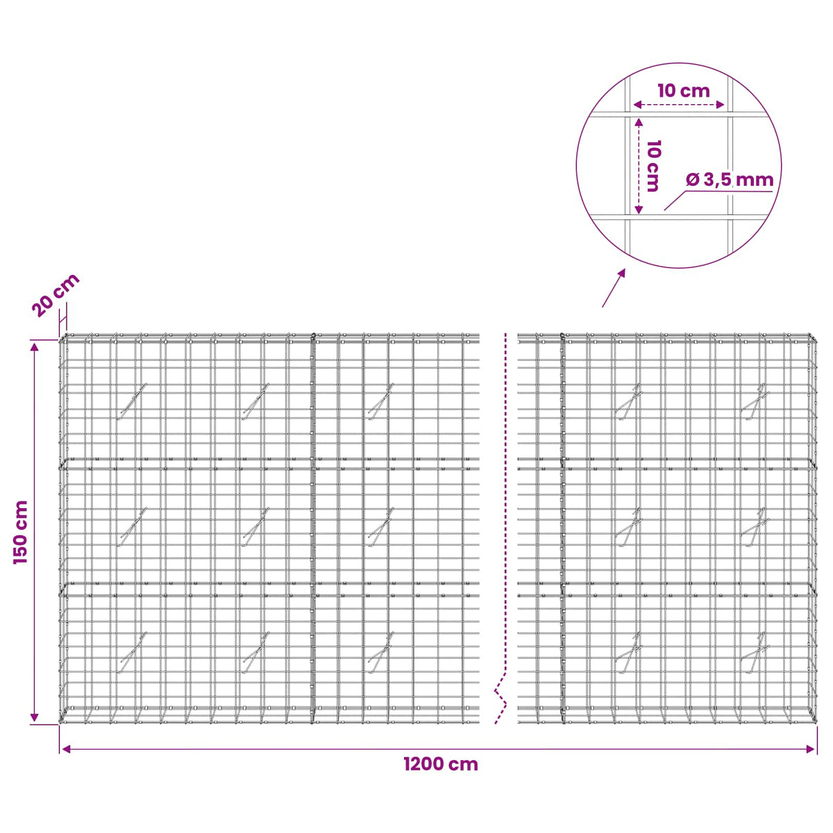 Gabionas su 3,5 mm viela ir 10x10 cm tinkleliu 1200x20x150 cm