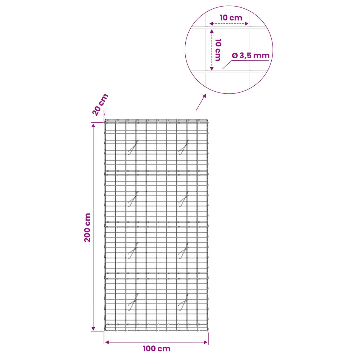 Gabionas su 3,5 mm viela ir 10x10 cm tinkleliu 100x20x200 cm