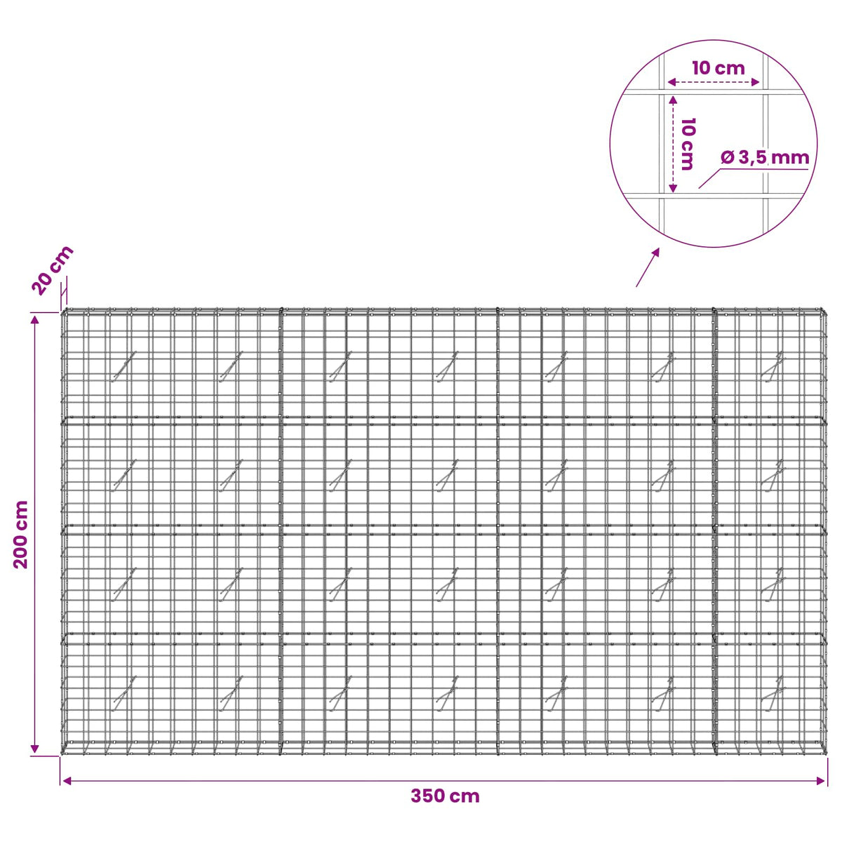 Gabionas su 3,5 mm viela ir 10x10 cm tinkleliu 350x20x200 cm