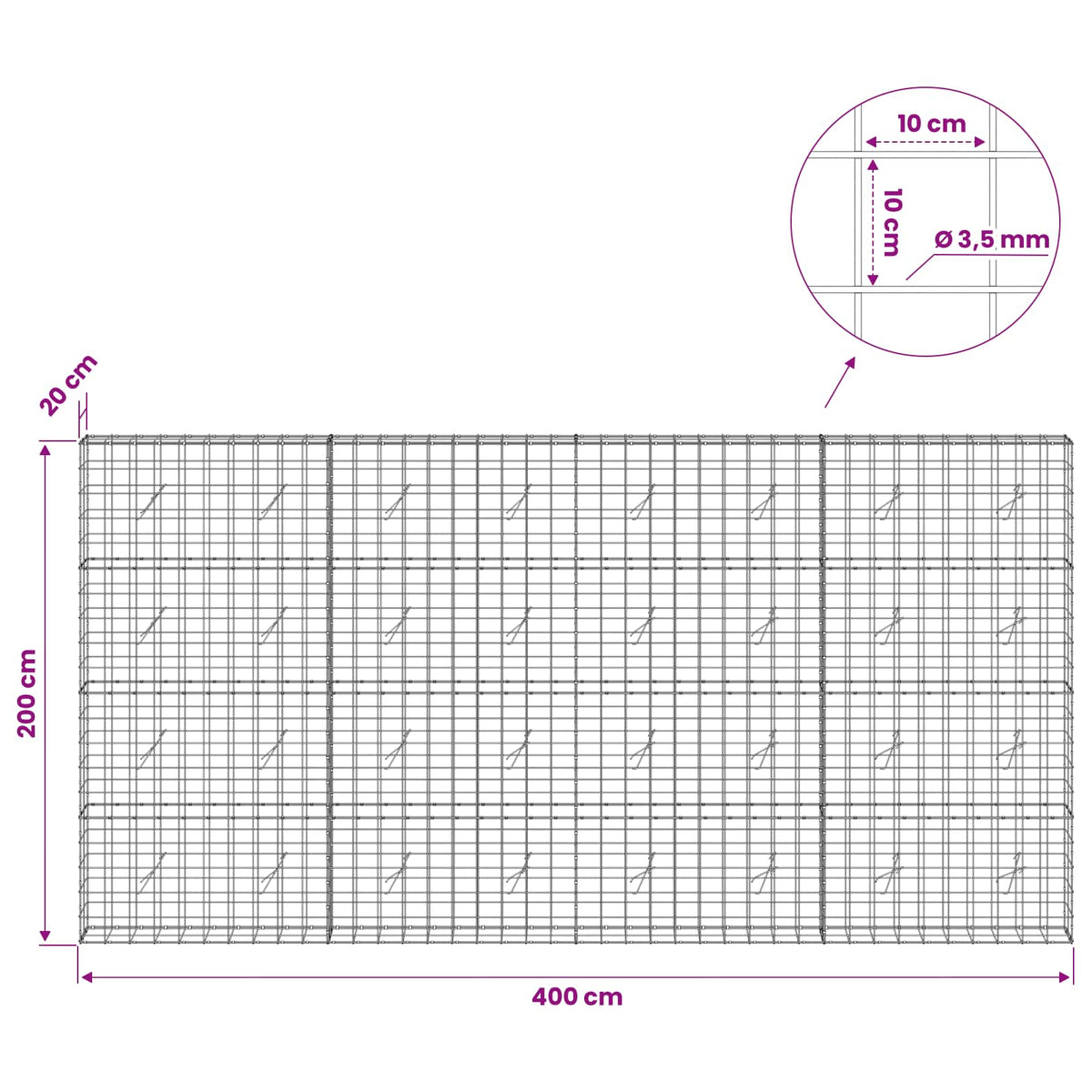 Gabionas su 3,5 mm viela ir 10x10 cm tinkleliu 400x20x200 cm
