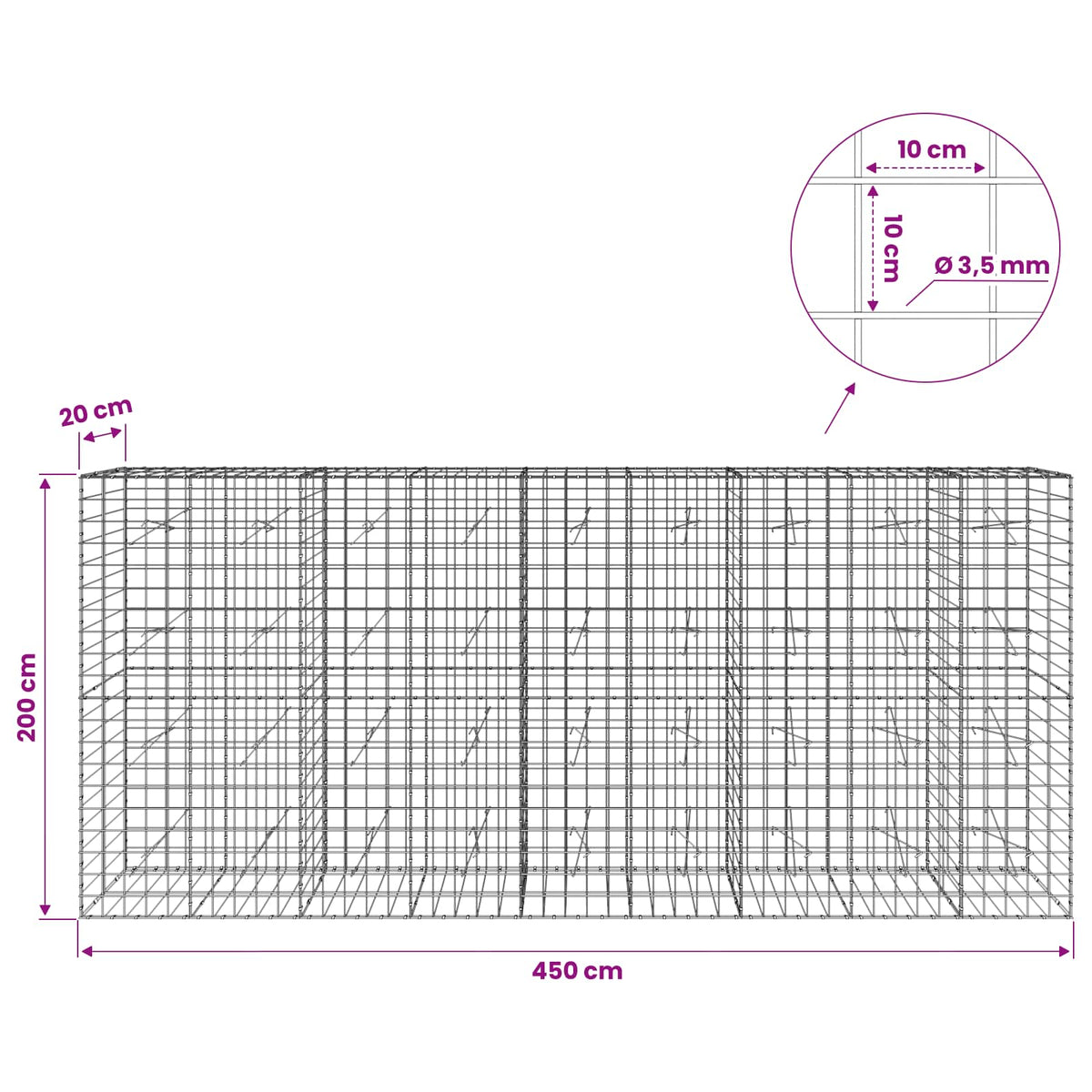 Gabionas su 3,5 mm viela ir 10x10 cm tinkleliu 450x20x200 cm