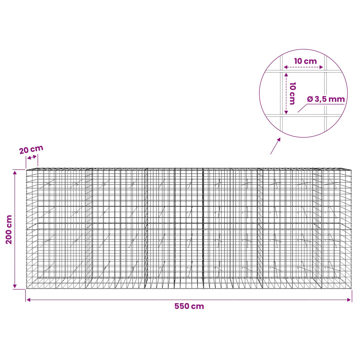 Gabionas su 3,5 mm viela ir 10x10 cm tinkleliu 550x20x200 cm