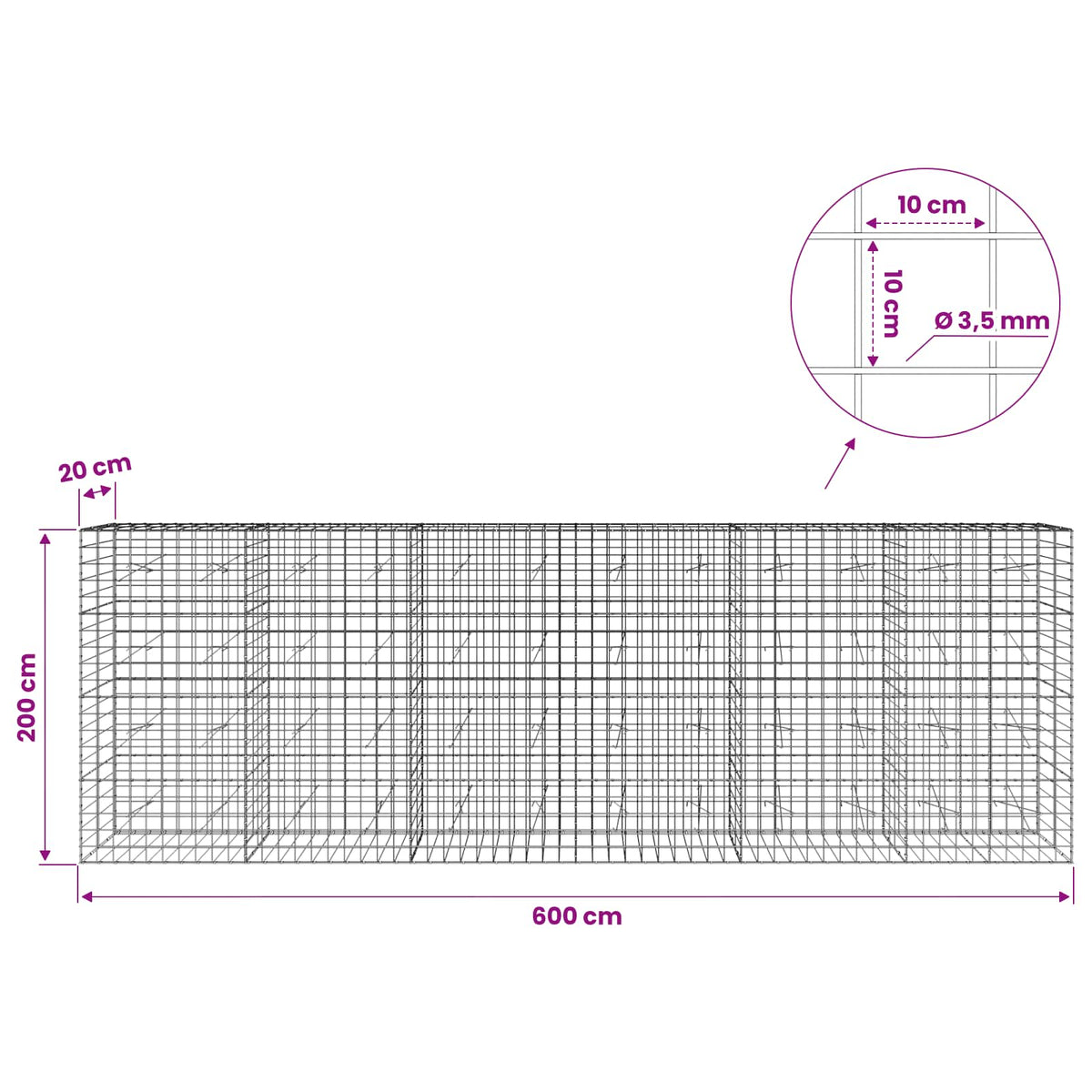 Gabionas su 3,5 mm viela ir 10x10 cm tinkleliu 600x20x200 cm