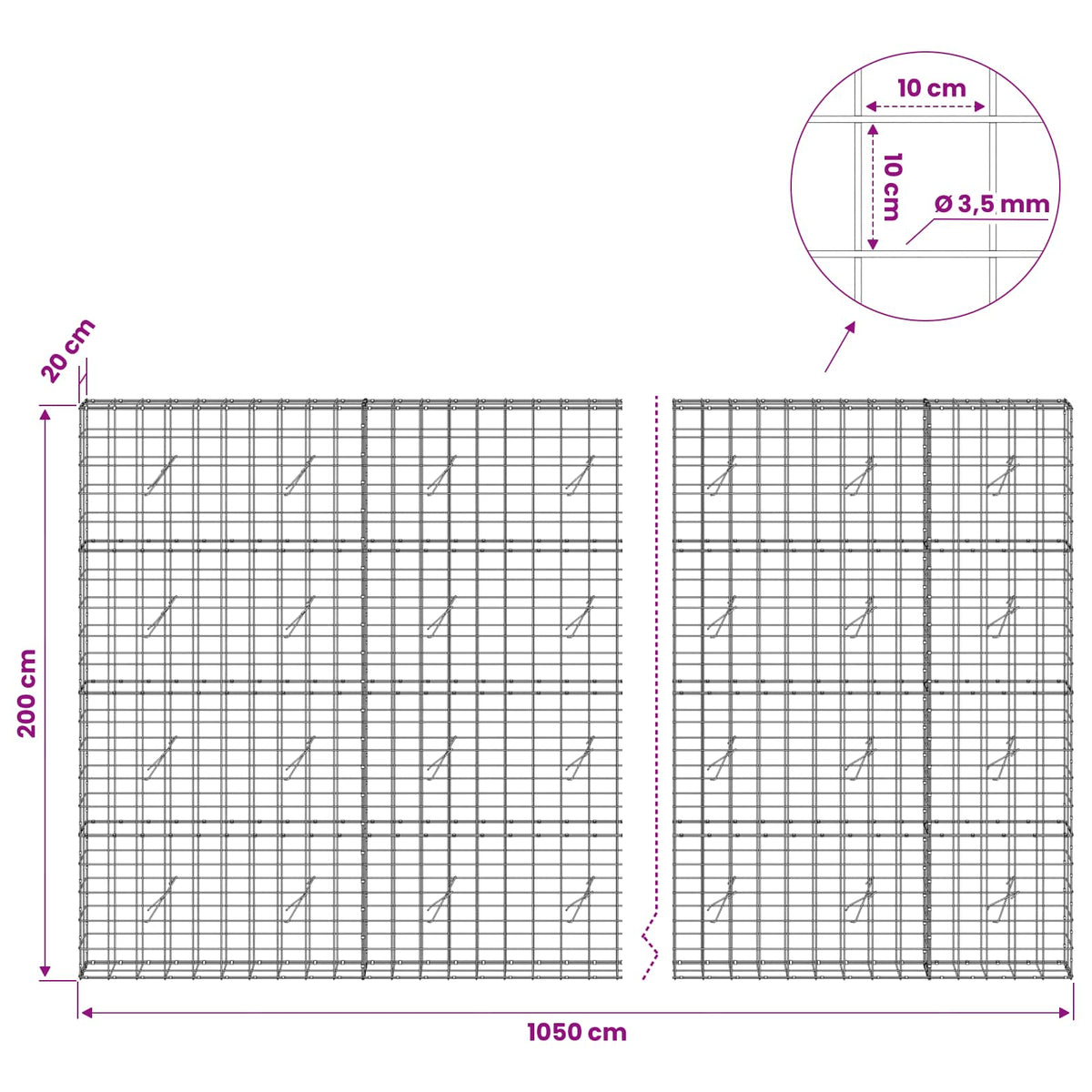 Gabionas su 3,5 mm viela ir 10x10 cm tinkleliu 1050x20x200 cm