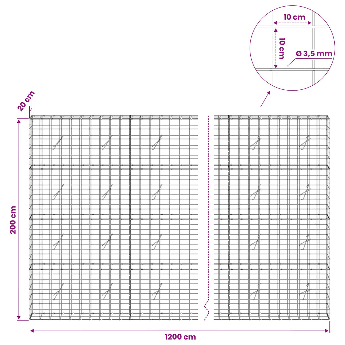 Gabionas su 3,5 mm viela ir 10x10 cm tinkleliu 1200x20x200 cm