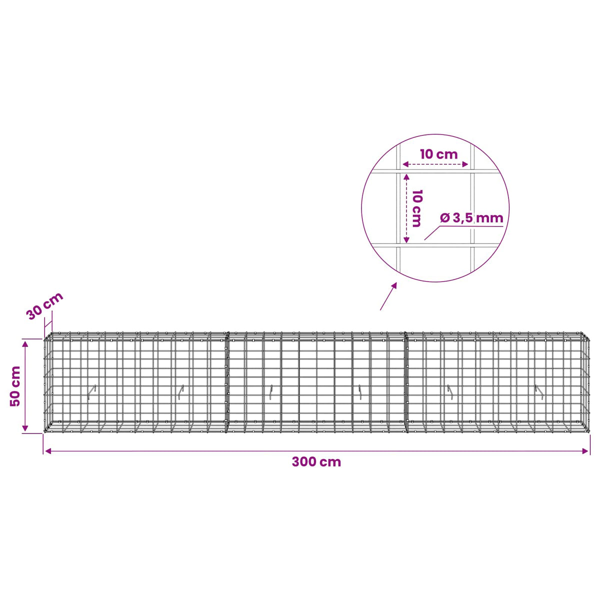 Gabionas su 3,5 mm viela ir 10x10 cm tinkleliu 300x30x50 cm