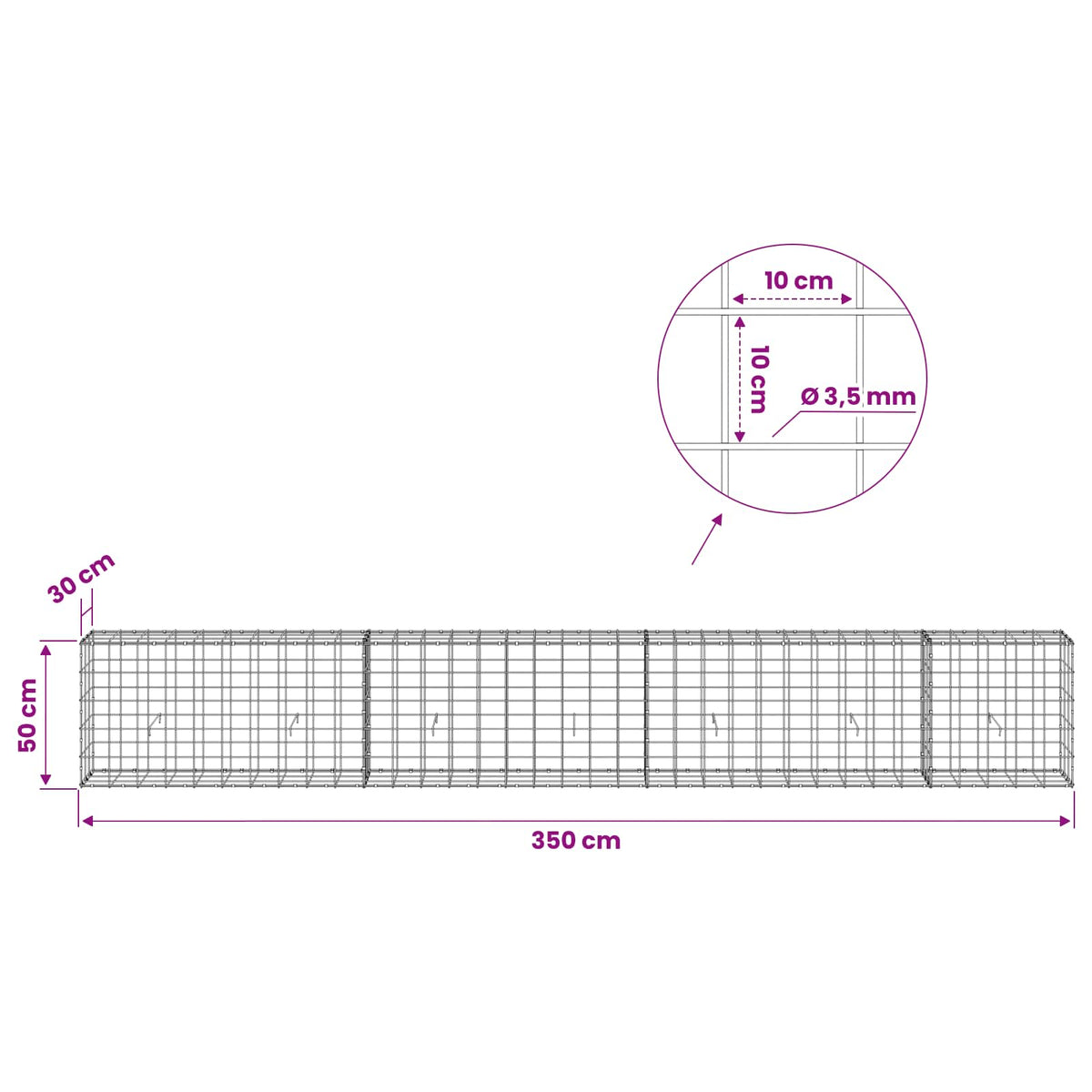 Gabionas su 3,5 mm viela ir 10x10 cm tinkleliu 350x30x50 cm