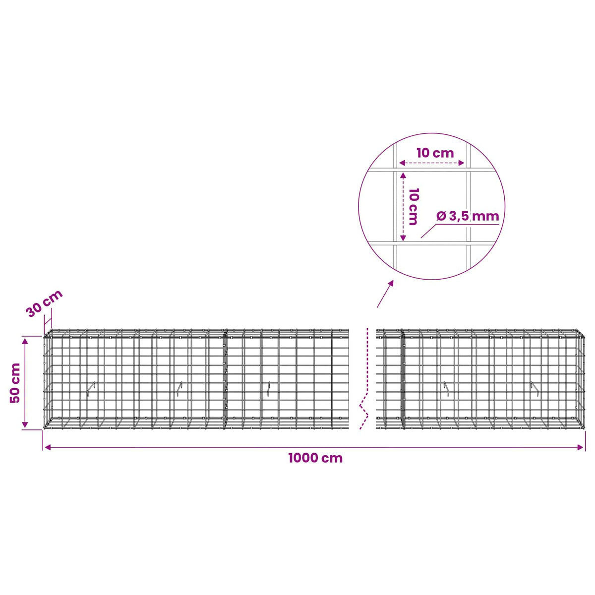Gabionas su 3,5 mm viela ir 10x10 cm tinkleliu 1000x30x50 cm