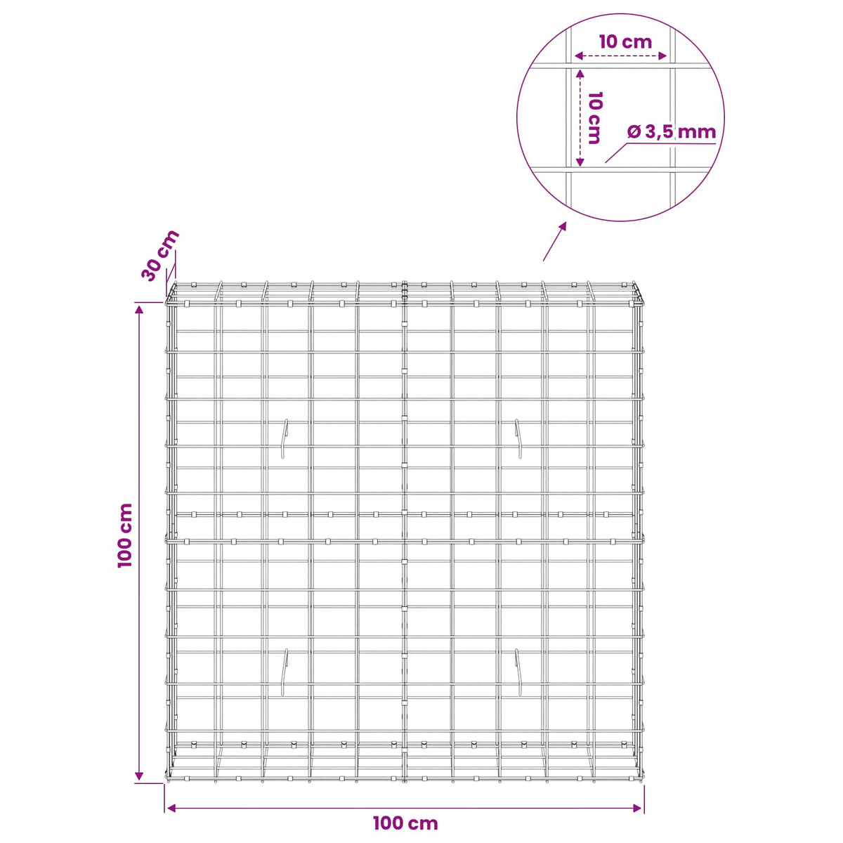 Gabionas su 3,5 mm viela ir 10x10 cm tinkleliu 100x30x100 cm