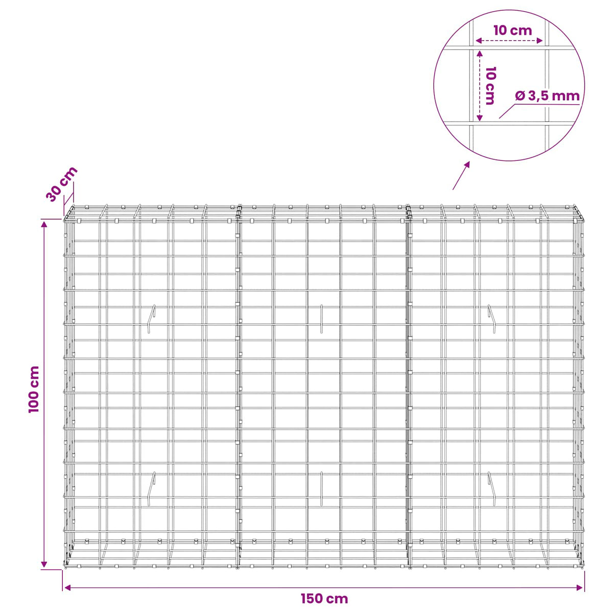 Gabionas su 3,5 mm viela ir 10x10 cm tinkleliu 150x30x100 cm