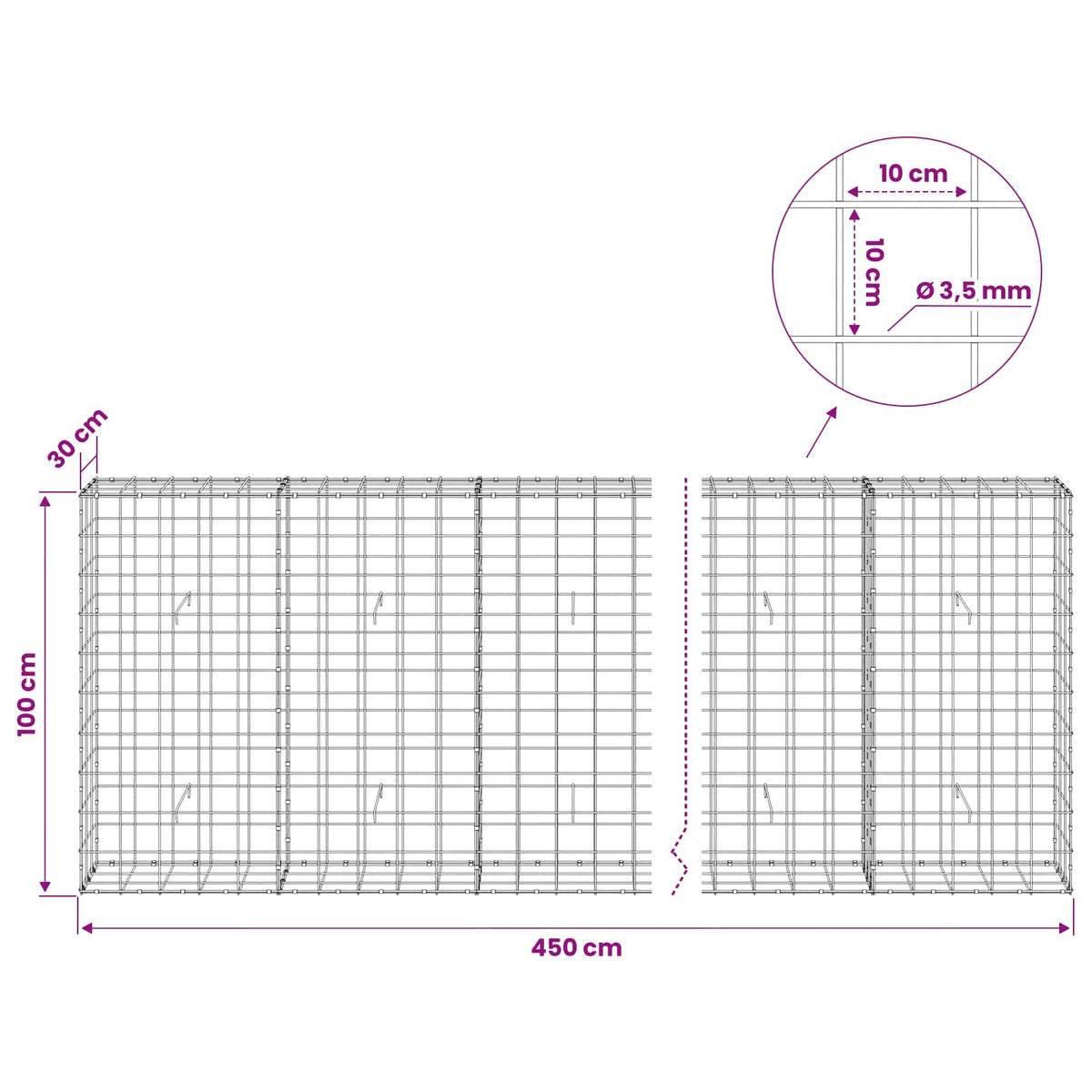 Gabionas su 3,5 mm viela ir 10x10 cm tinkleliu 450x30x100 cm