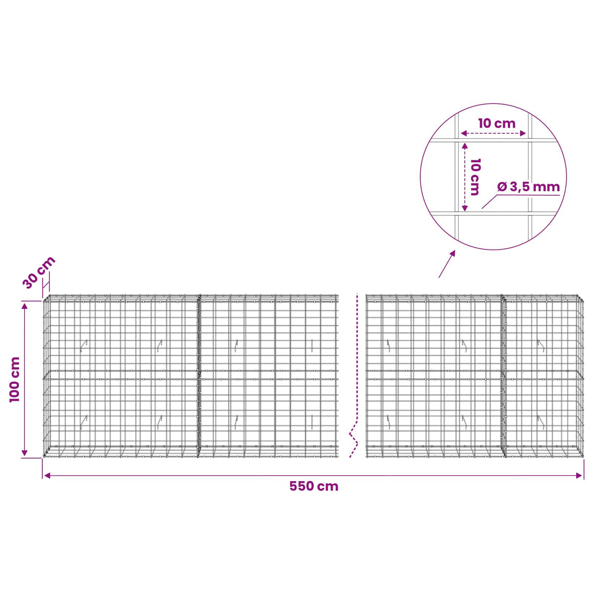 Gabionas su 3,5 mm viela ir 10x10 cm tinkleliu 550x30x100 cm