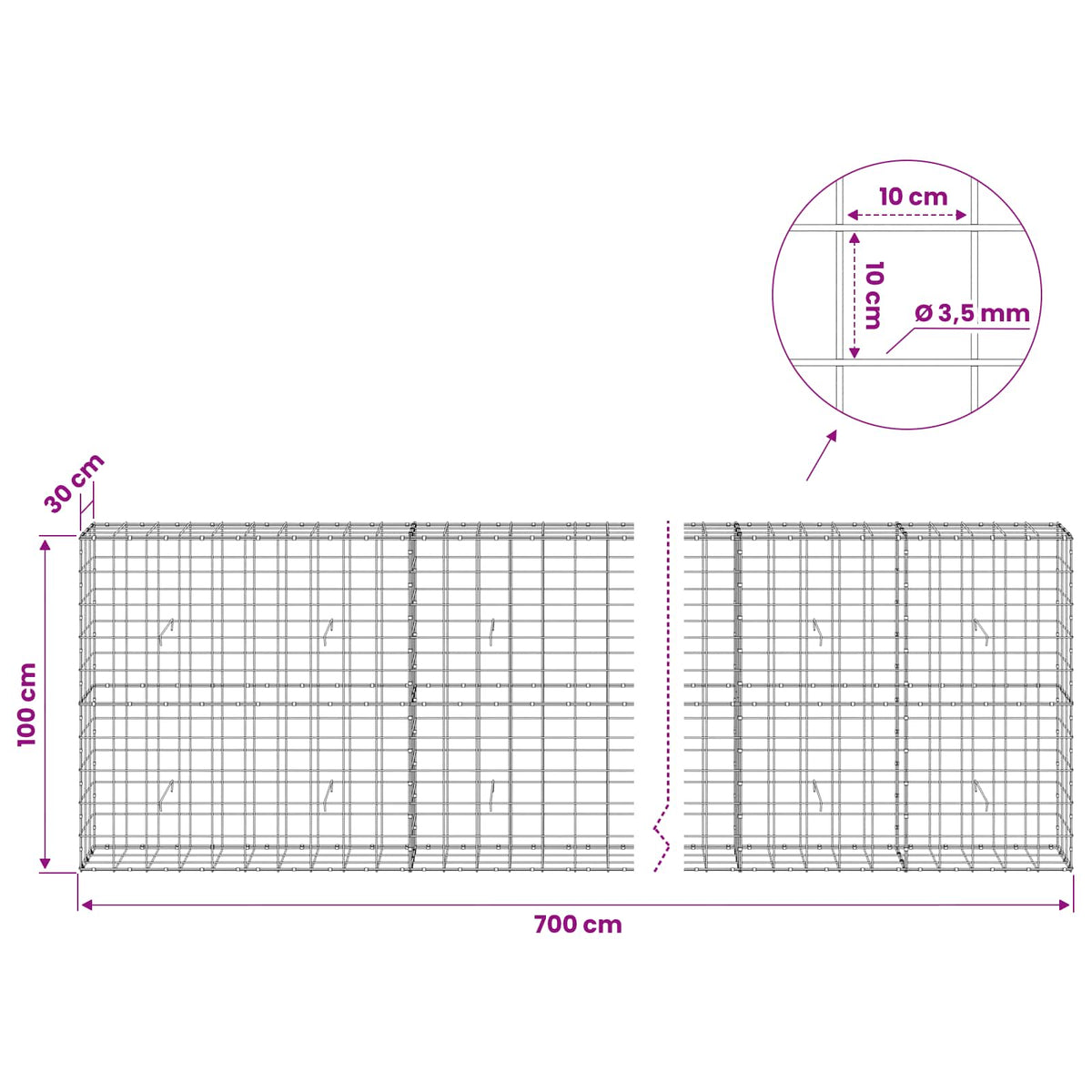 Gabionas su 3,5 mm viela ir 10x10 cm tinkleliu 700x30x100 cm