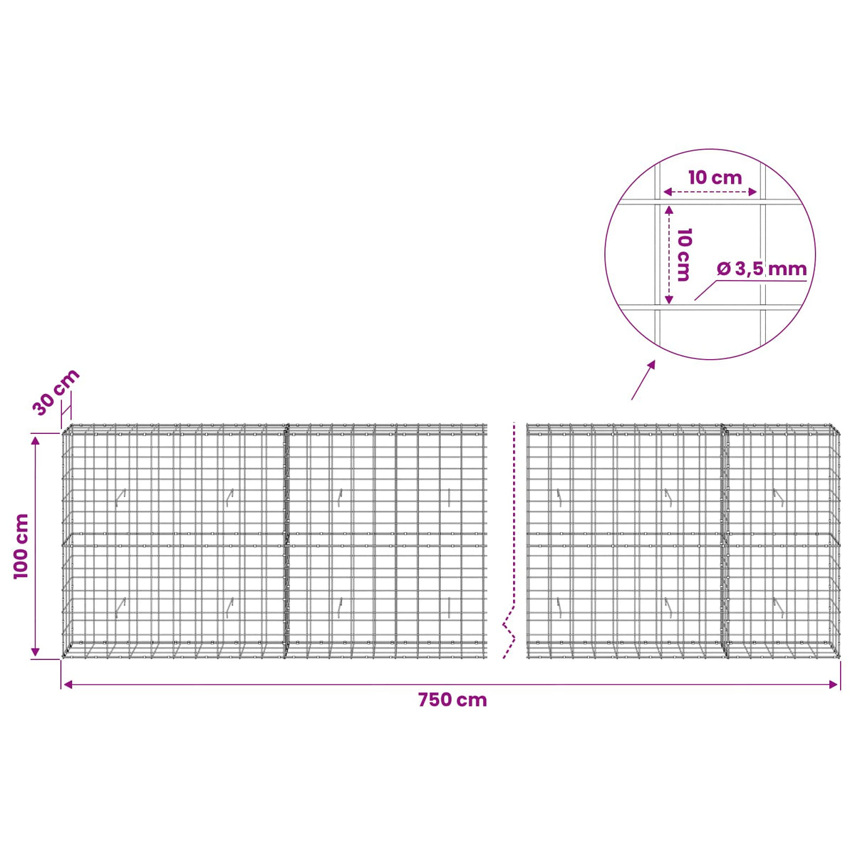 Gabionas su 3,5 mm viela ir 10x10 cm tinkleliu 750x30x100 cm