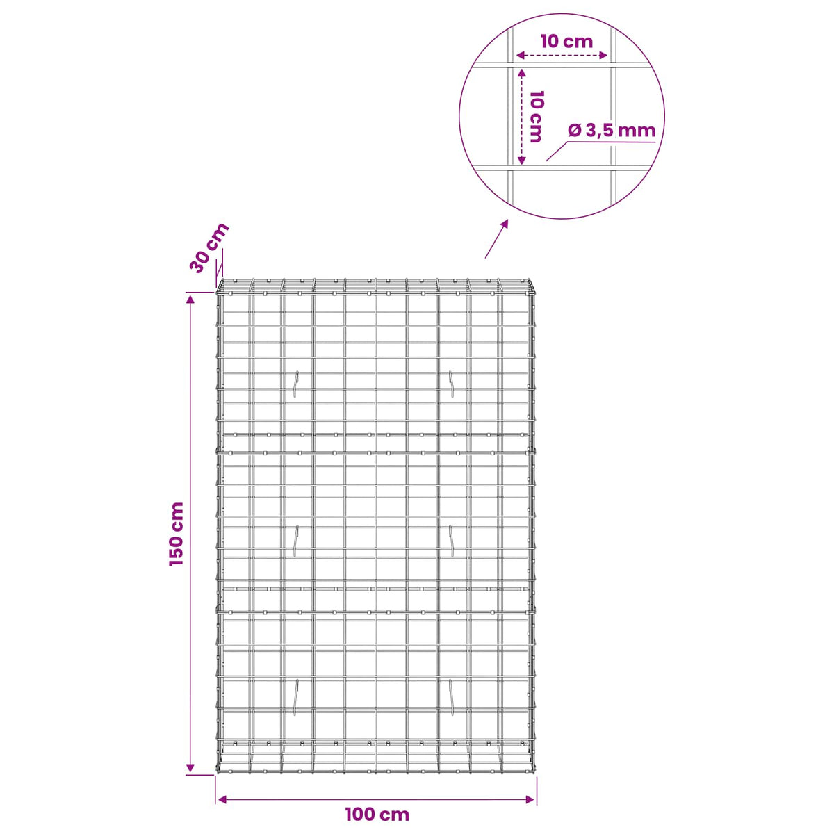 Gabionas su 3,5 mm viela ir 10x10 cm tinkleliu 100x30x150 cm