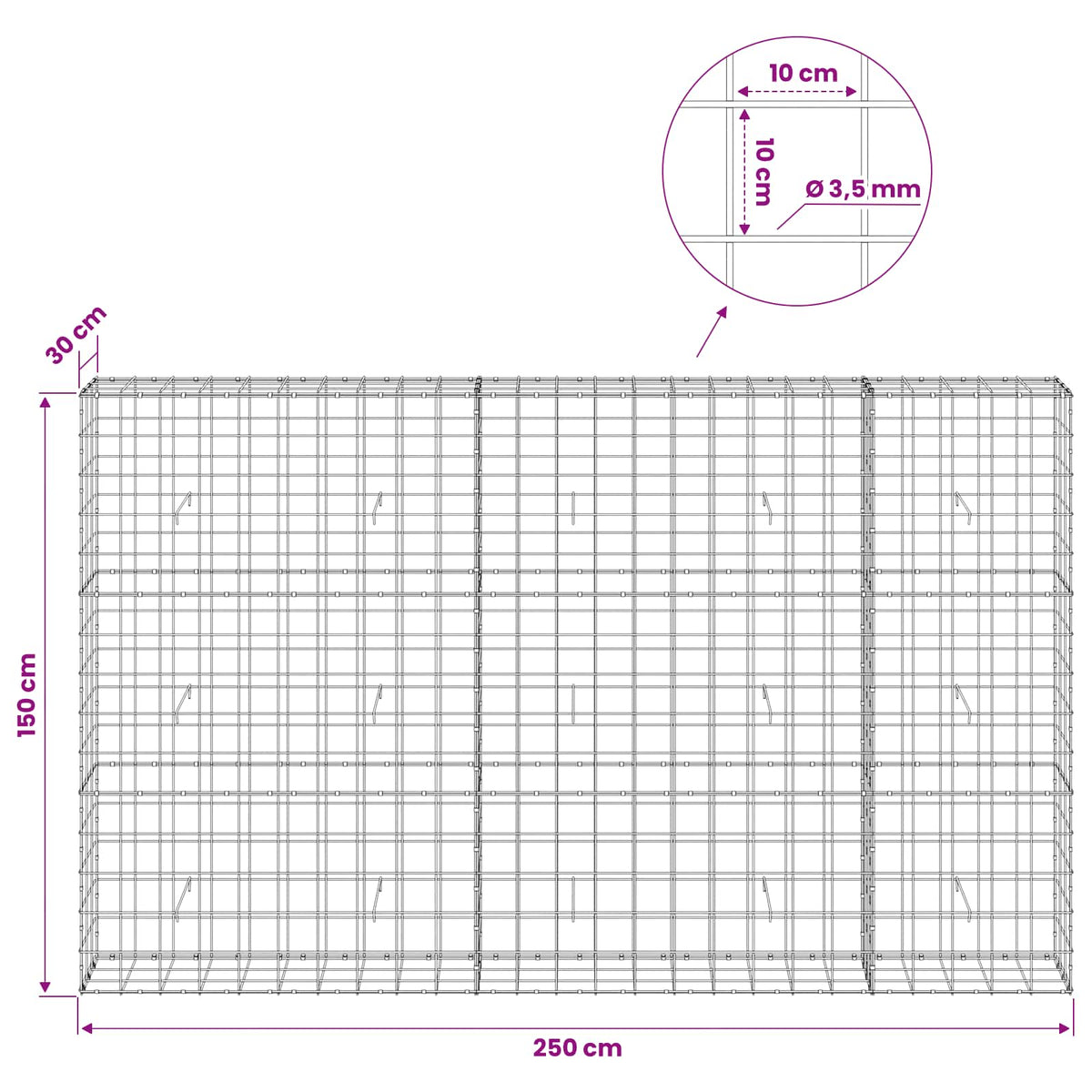 Gabionas su 3,5 mm viela ir 10x10 cm tinkleliu 250x30x150 cm