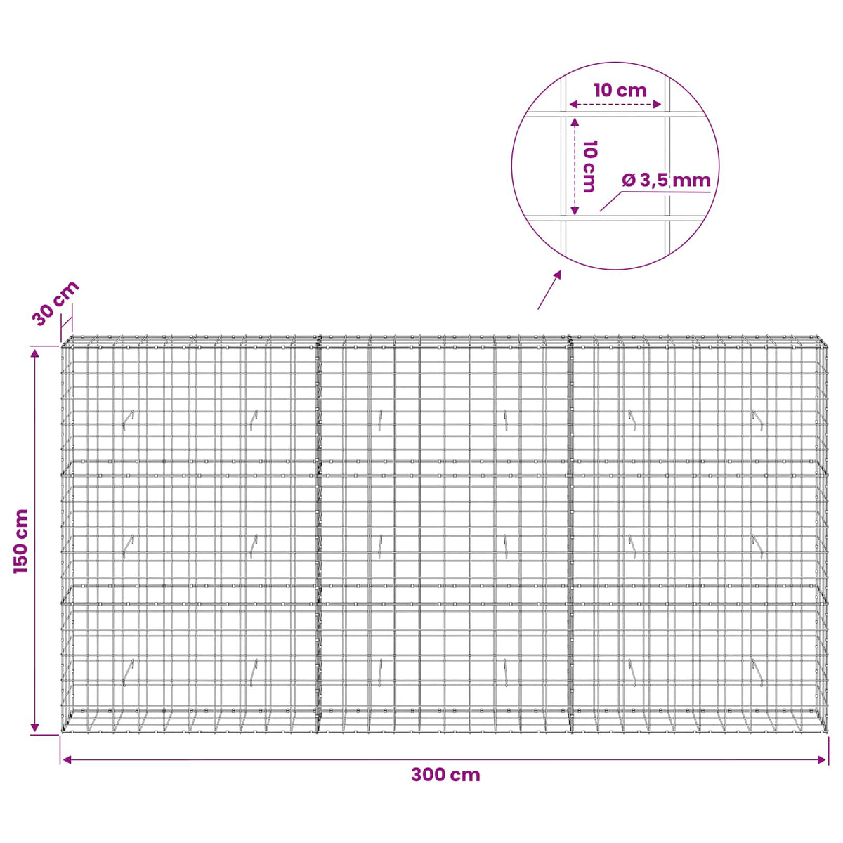 Gabionas su 3,5 mm viela ir 10x10 cm tinkleliu 300x30x150 cm