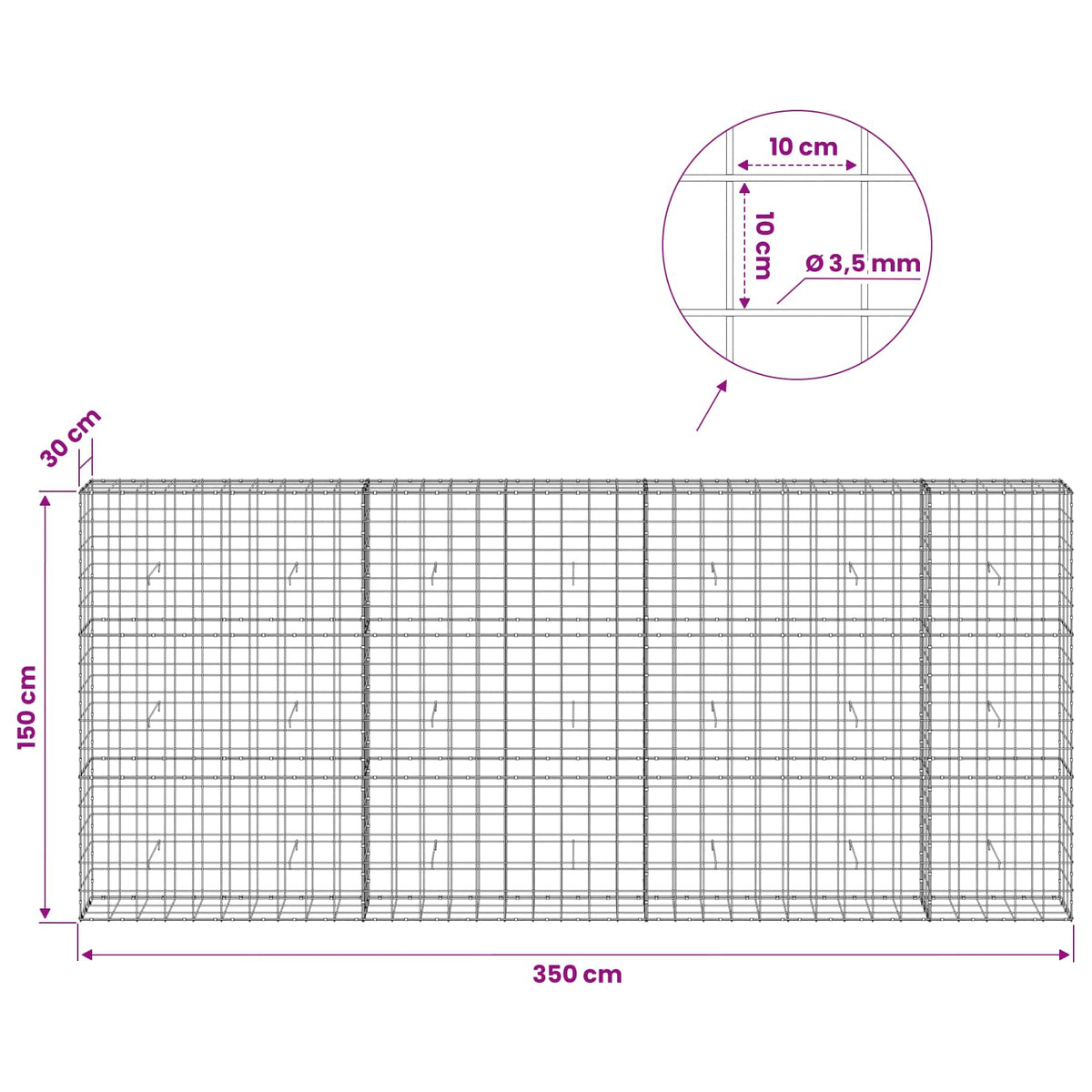 Gabionas su 3,5 mm viela ir 10x10 cm tinkleliu 350x30x150 cm