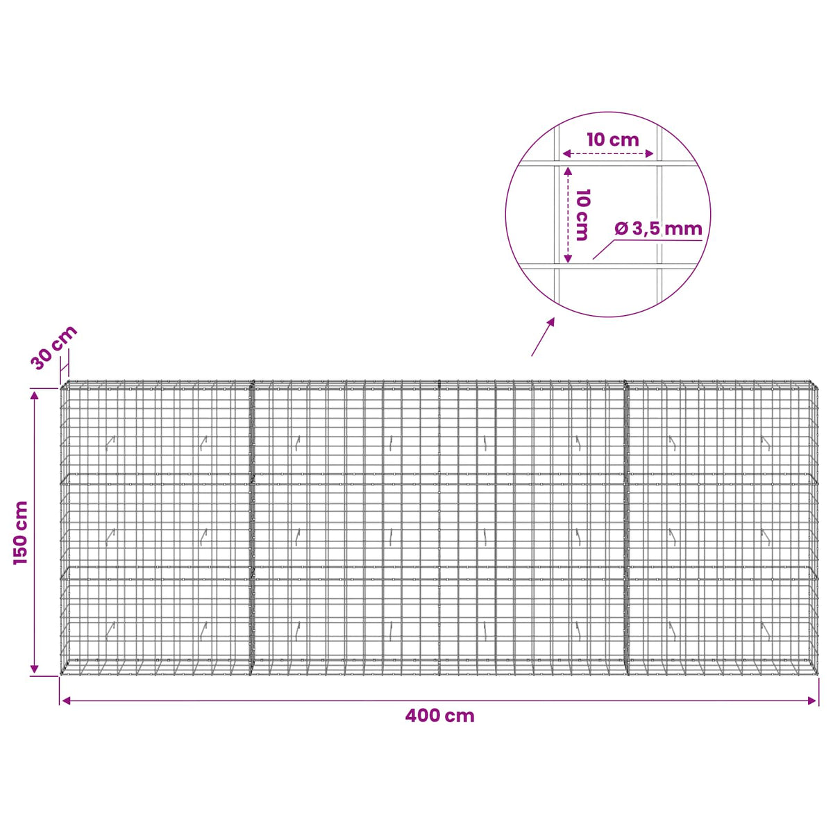 Gabionas su 3,5 mm viela ir 10x10 cm tinkleliu 400x30x150 cm