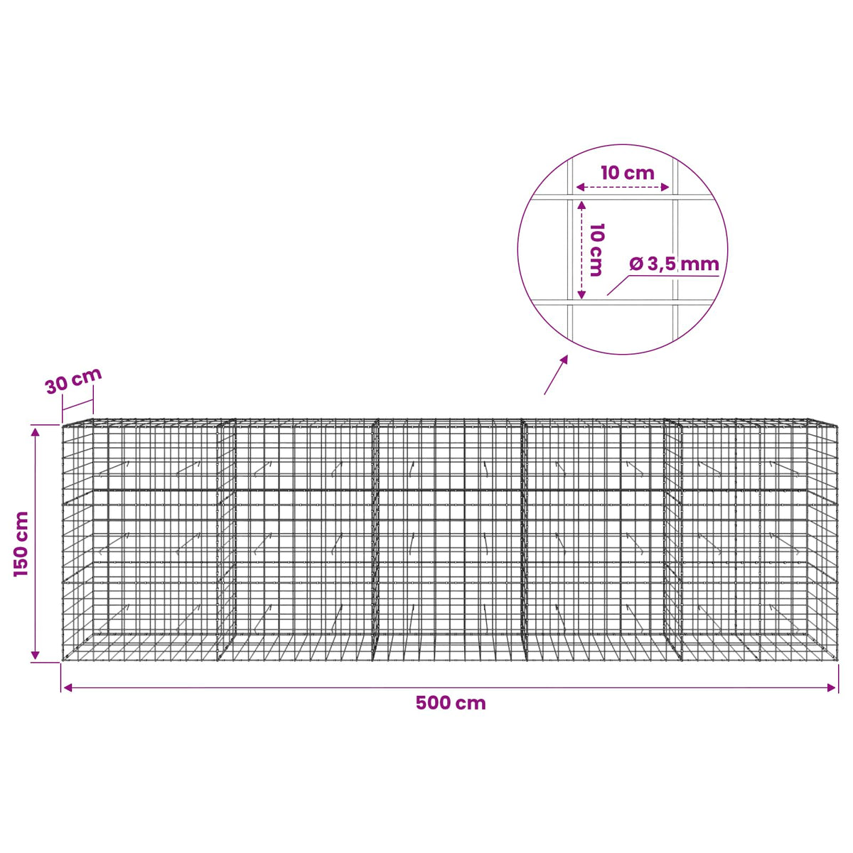 Gabionas su 3,5 mm viela ir 10x10 cm tinkleliu 500x30x150 cm