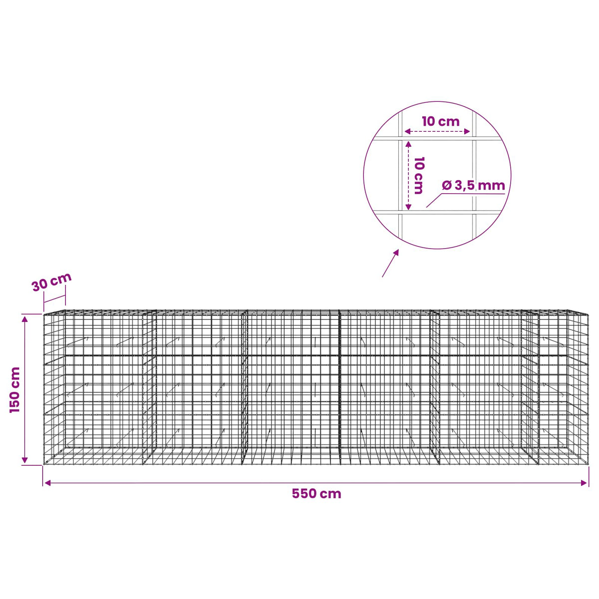 Gabionas su 3,5 mm viela ir 10x10 cm tinkleliu 550x30x150 cm